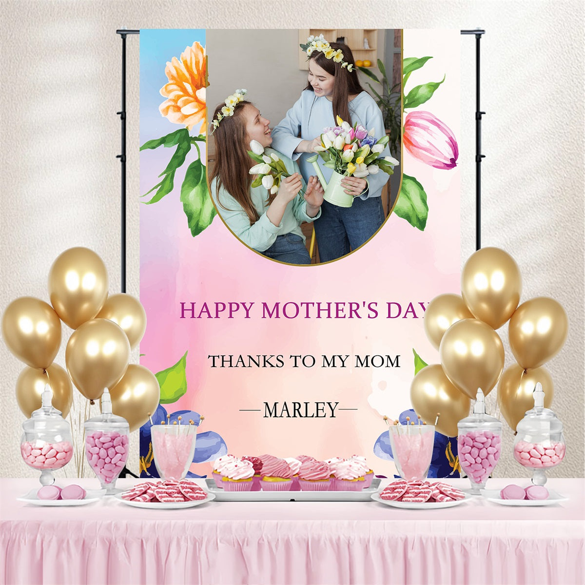 Mothers Day Photo Backdrop Pastel Flower Frame Personalized Backdrop TWW4-10