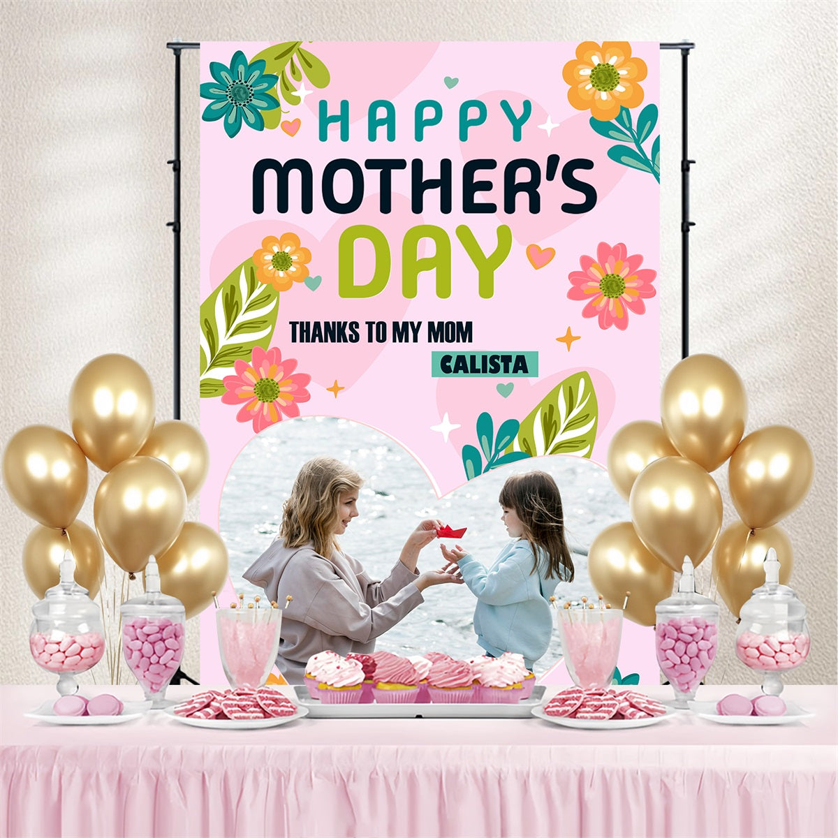 Backdrops For Mother's Day Pink Floral Love Personalised Backdrop TWW4-9