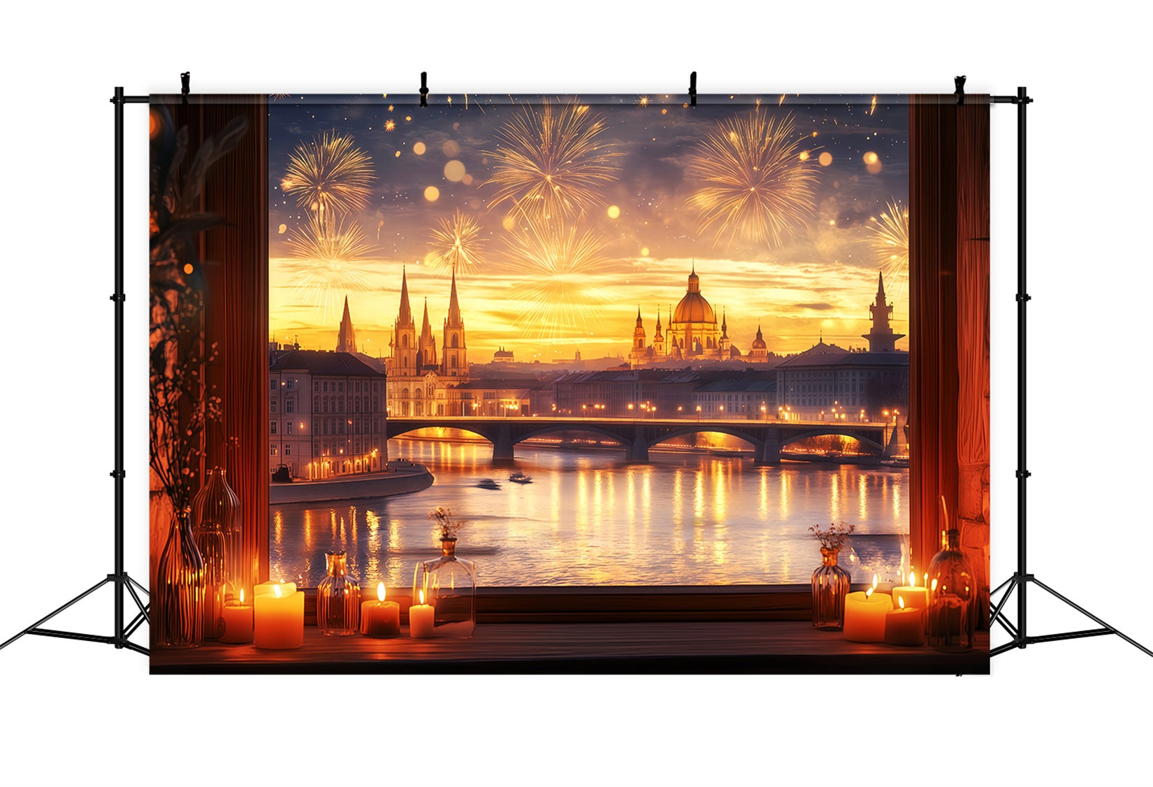 New Year's Backdrop Golden Sunset Cityscape Fireworks Photo Backdrop TWW512-10