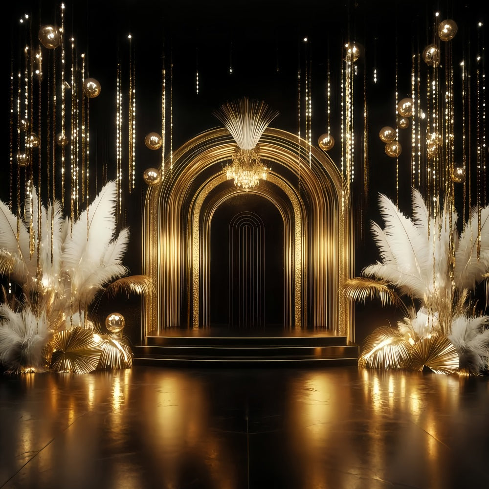 New Year Backdrop Golden Luxe Arch Feather Happy New Year Banner TWW512-12