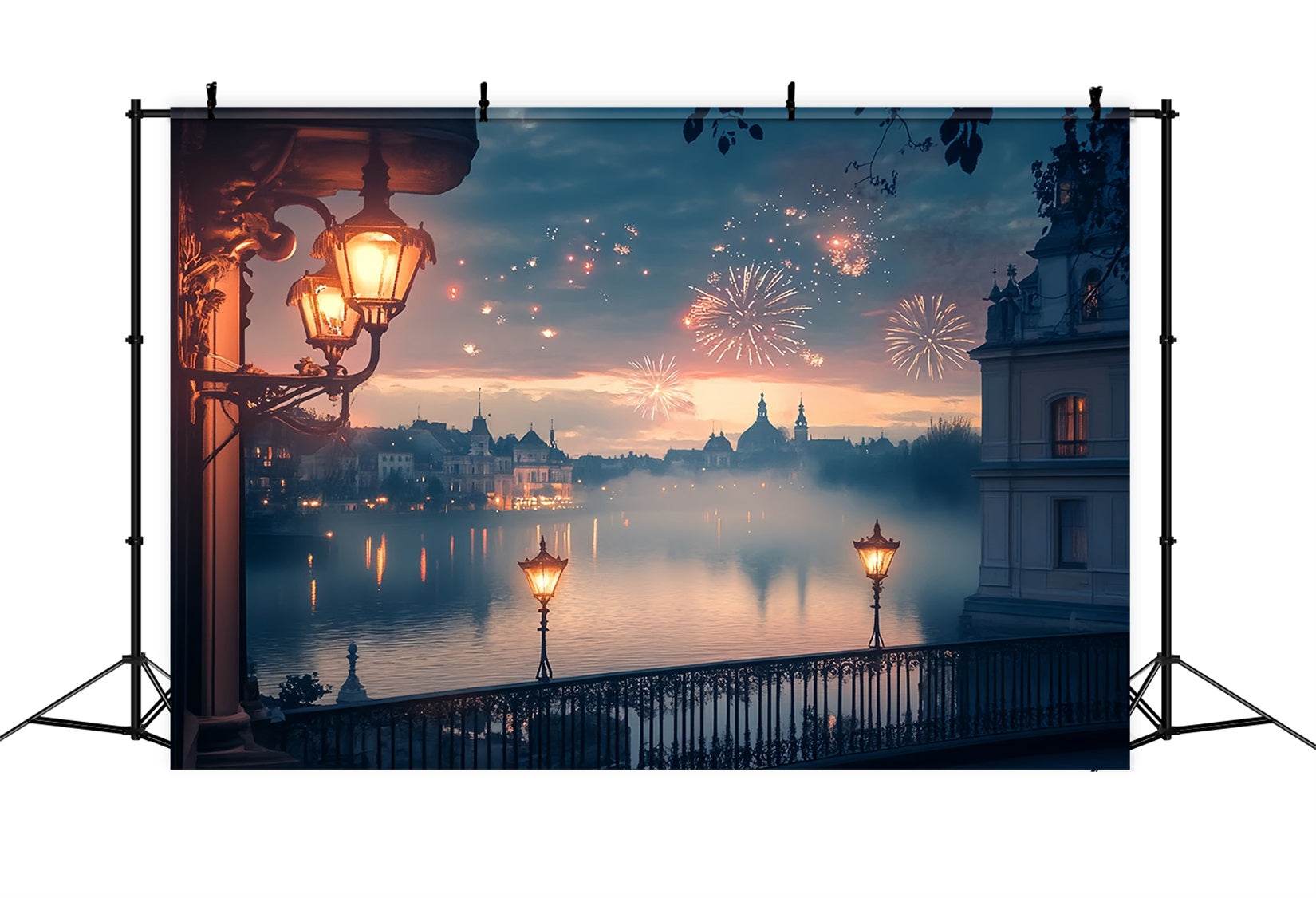 New Years Photo Backdrop Golden Lakeside Fireworks Glow City Night Backdrop TWW512-13