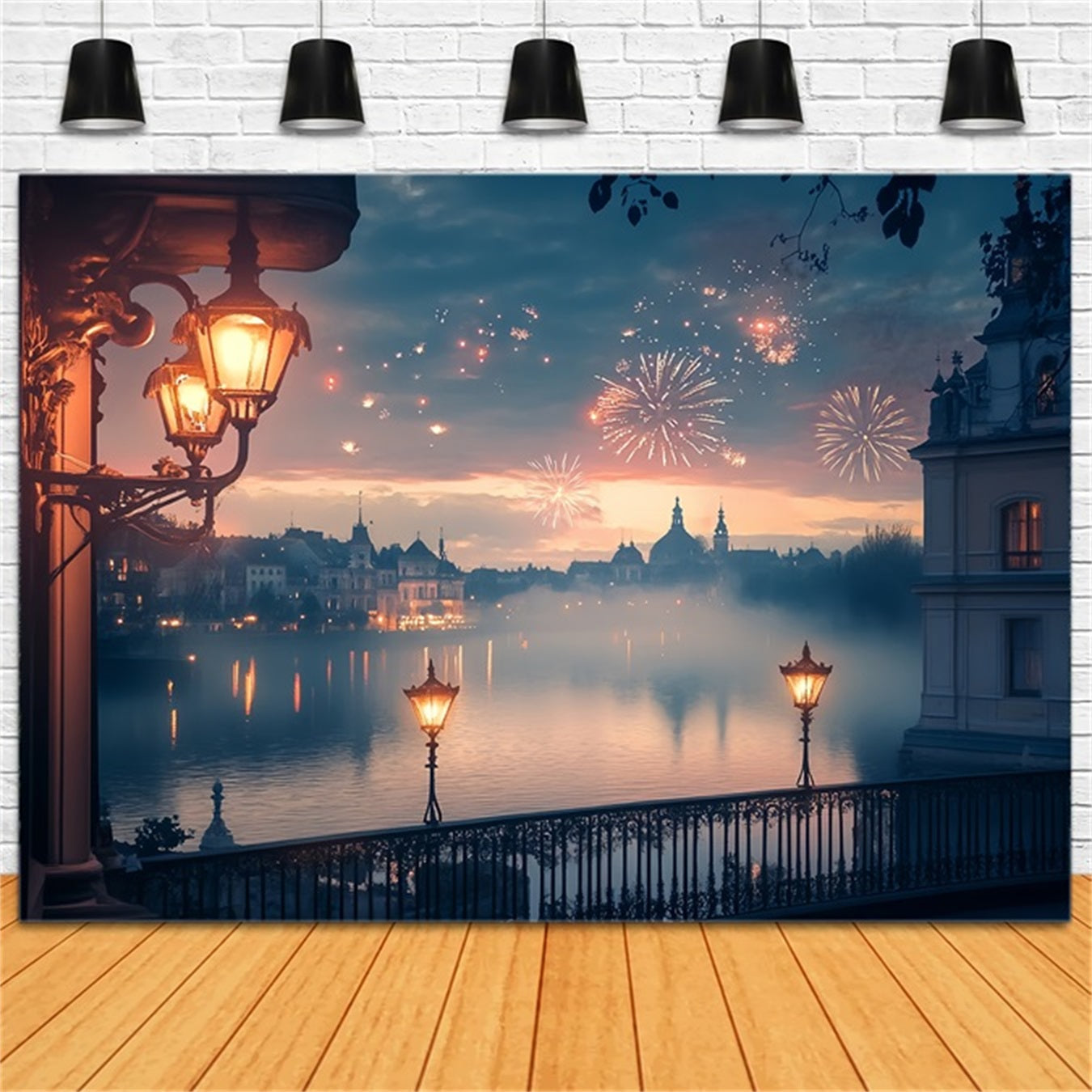 New Years Photo Backdrop Golden Lakeside Fireworks Glow City Night Backdrop TWW512-13
