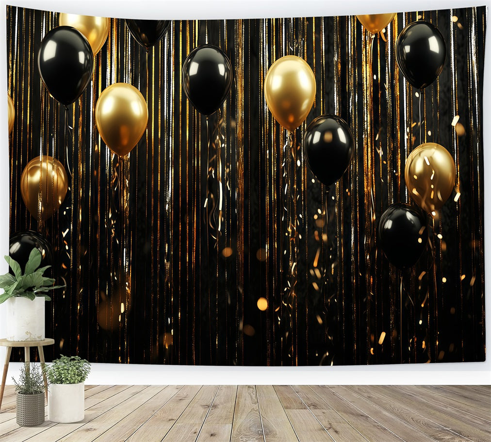 Happy New Year Backdrop Black Gold Balloon Stream Glitter Backdrops TWW512-14