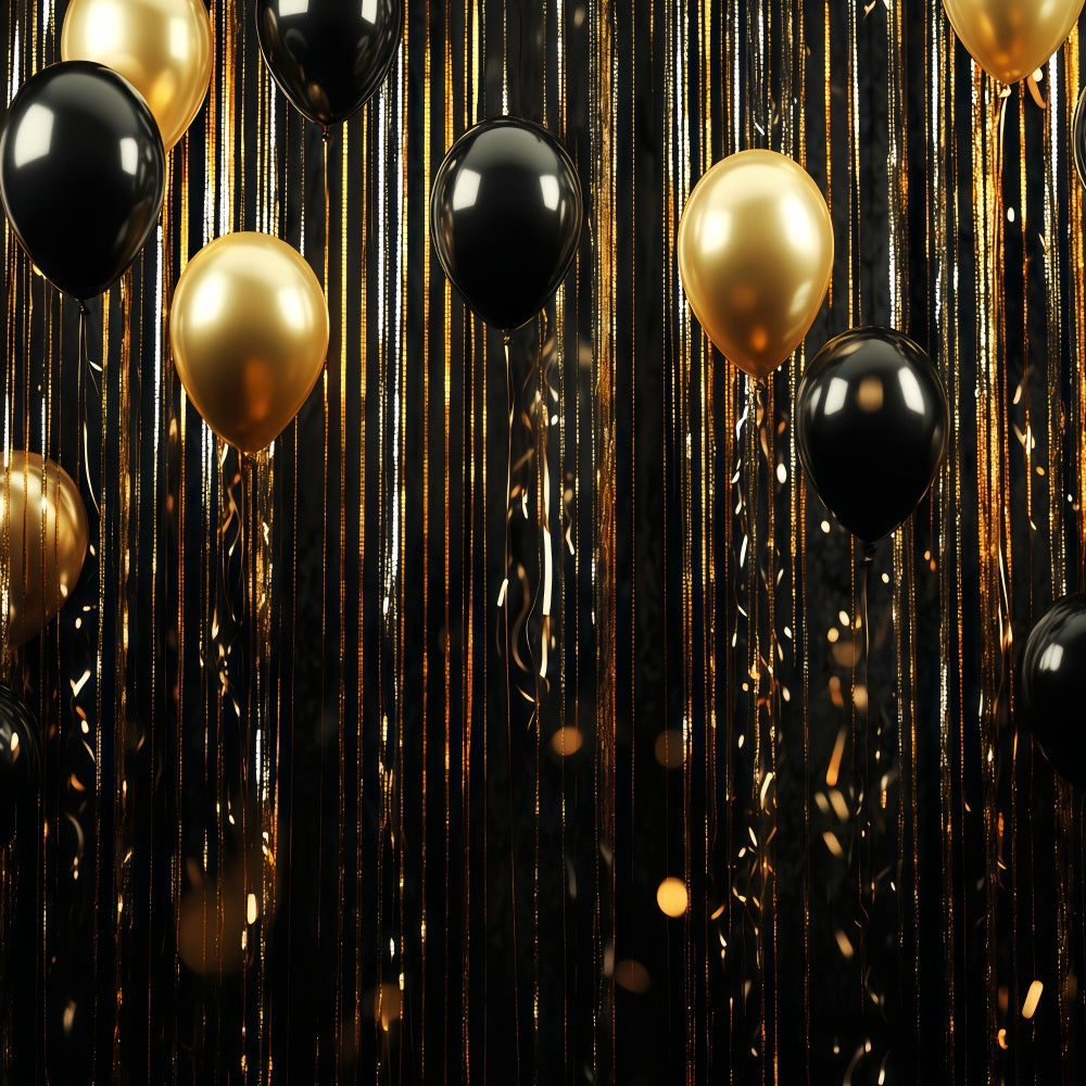 Happy New Year Backdrop Black Gold Balloon Stream Glitter Backdrops TWW512-14