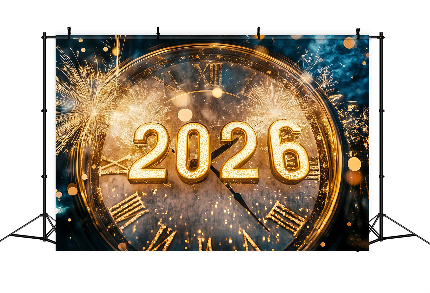 2026 New Year Backdrop Golden Fireworks Bokeh Countdown Clock Photo Backdrop TWW512-2