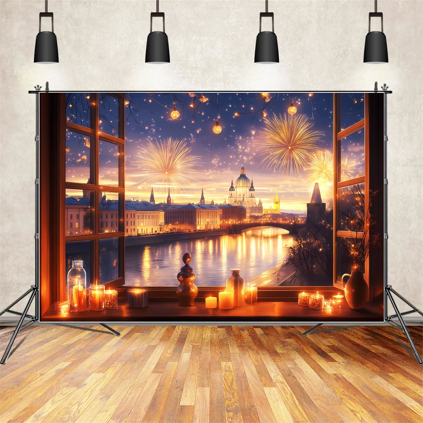 New Years Photo Backdrop Window City Fireworks Glow Cityscape Photo Backdrop TWW512-3