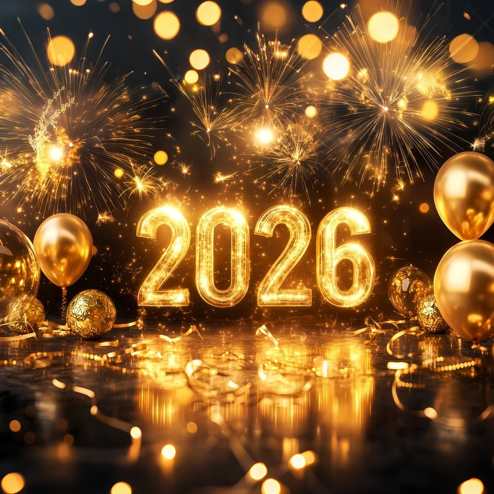 2026 New Year Backdrop Sparkling Gold Balloons Fireworks Backdrop TWW512-4