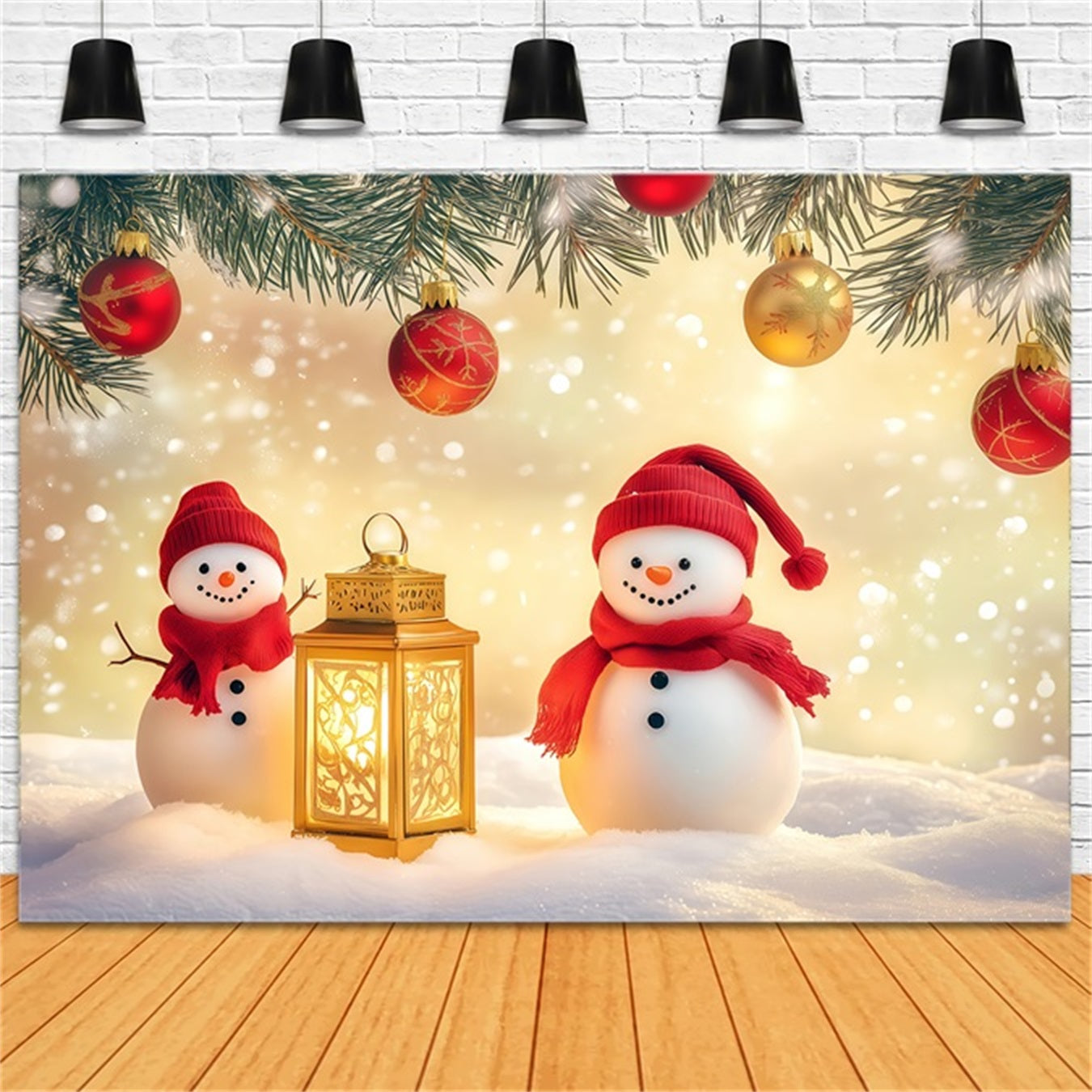 New Years Backdrop Cute Snowmen Lantern Glow Happy New Year Backdrop TWW512-5