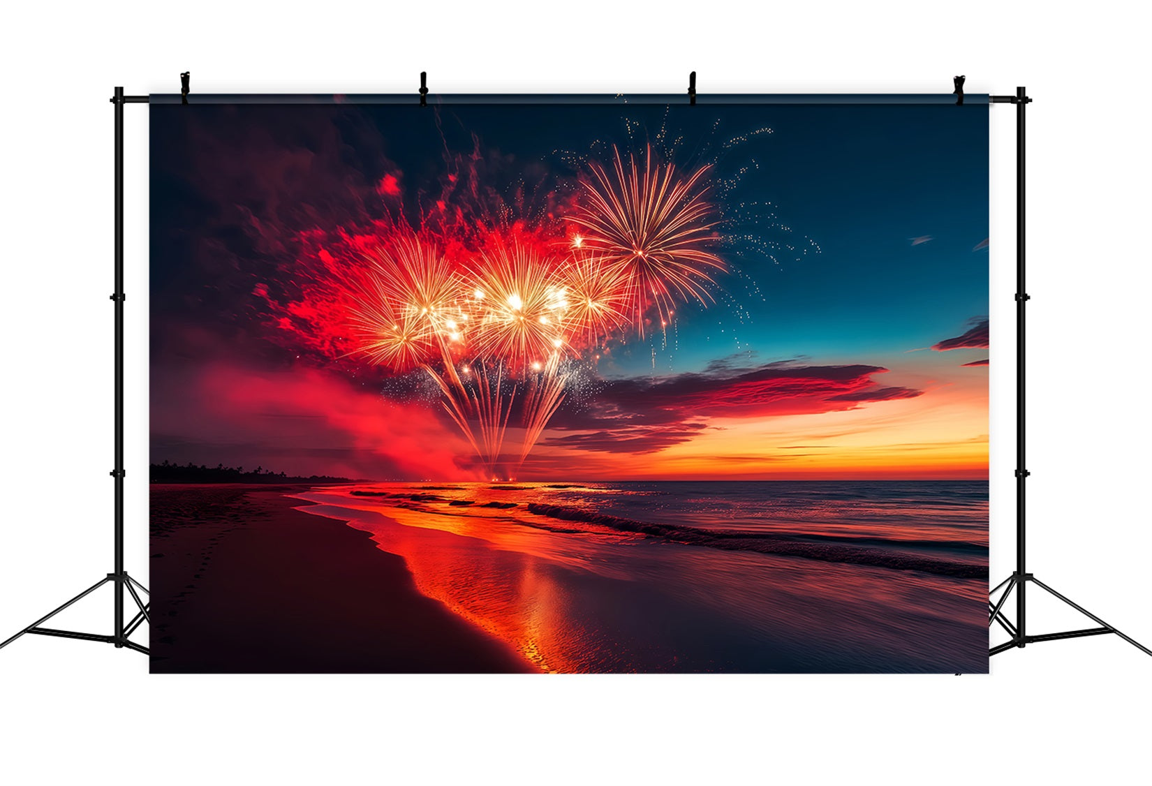 Happy New Year Backdrop Cloud Beach Fireworks Burst New Years Eve Backdrop TWW512-6