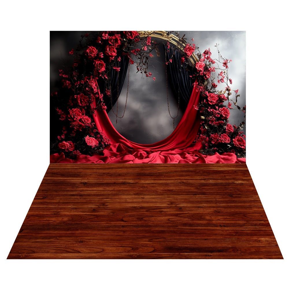 Baroque Crimson Bloom Backdrop+Chestnut Wood Floor Backdrop TWW57-66