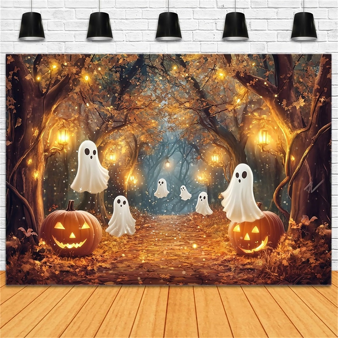 Halloween Graveyard Backdrop Glowing Ghosts in Enchanted Autumn Woods Halloween Backdrops TWW58-10