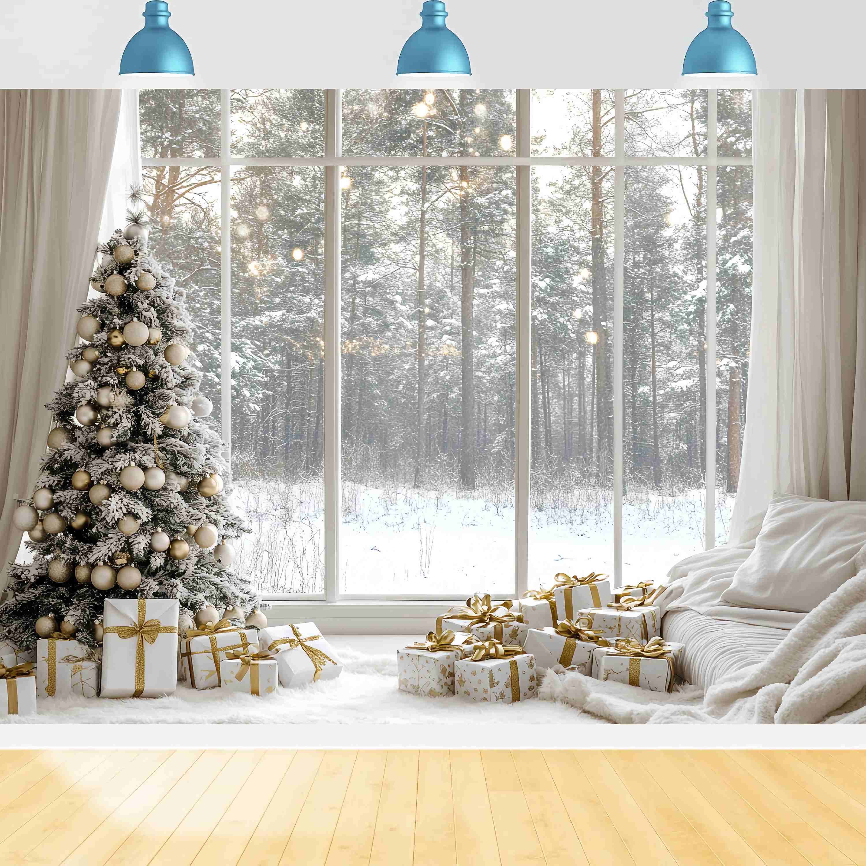 White Christmas Backdrop Snowy Pine Gold Ornament Cozy Window Christmas Backdrops for Photography TWW58-100