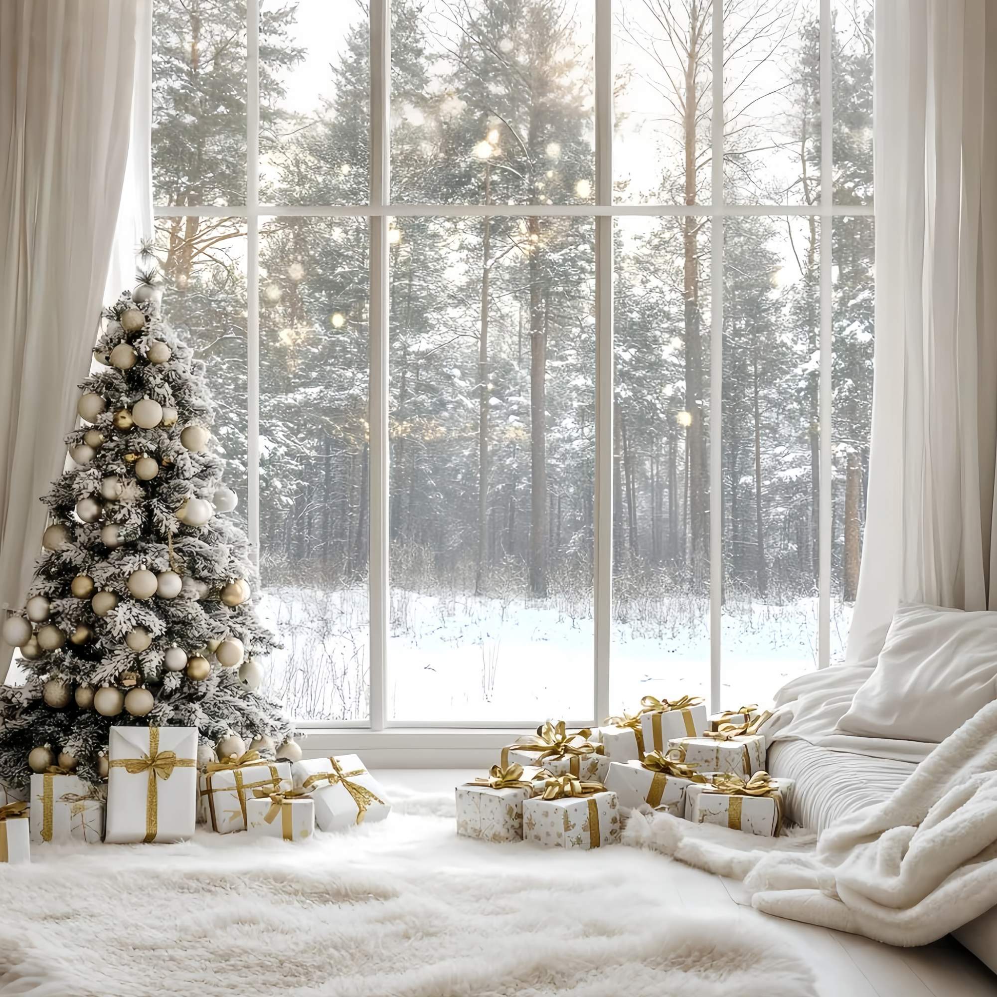 White Christmas Backdrop Snowy Pine Gold Ornament Cozy Window Christmas Backdrops for Photography TWW58-100