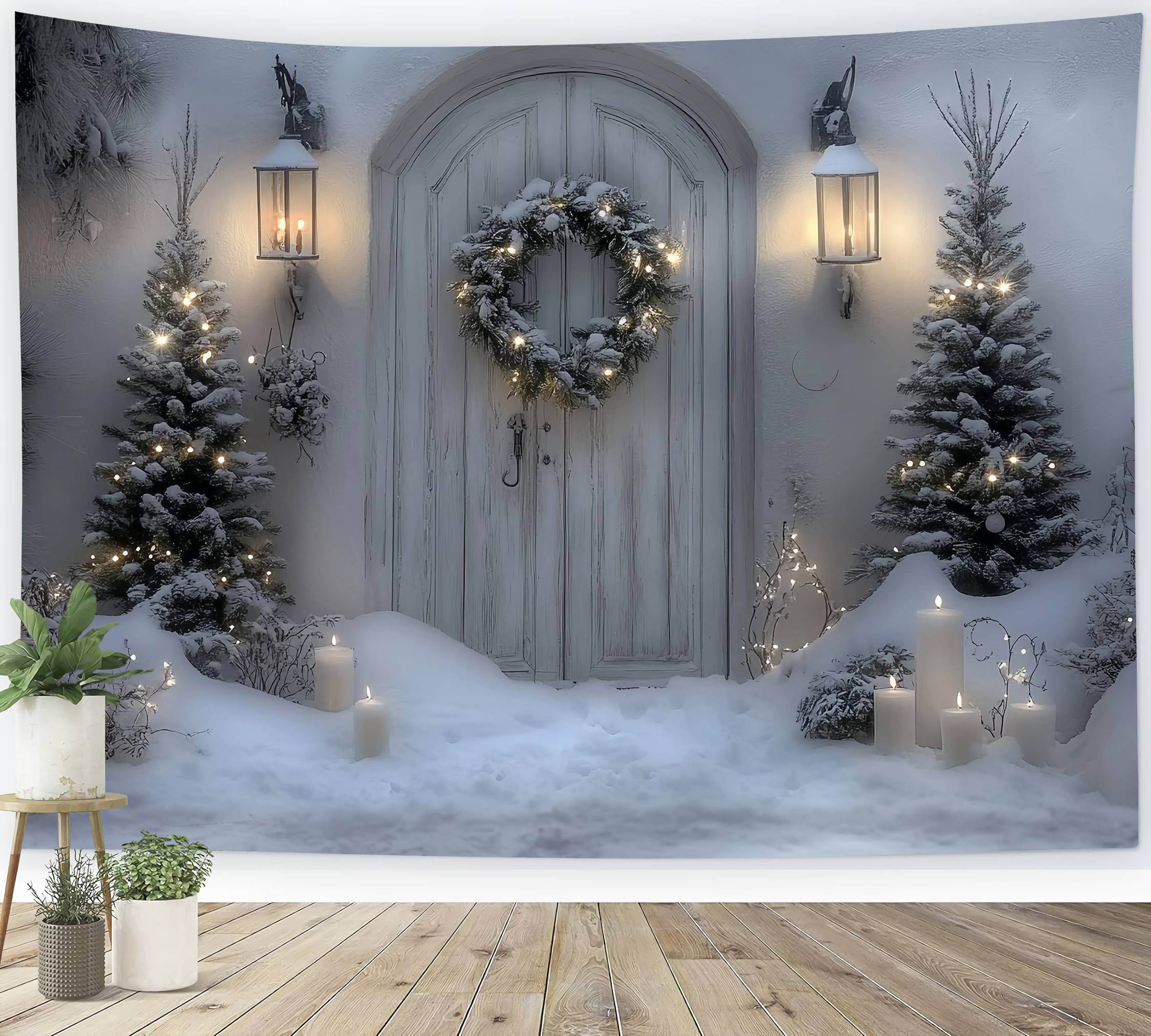 White Christmas Backdrop Snowy White Door Lantern Wreath Professional Christmas Backdrops TWW58-102
