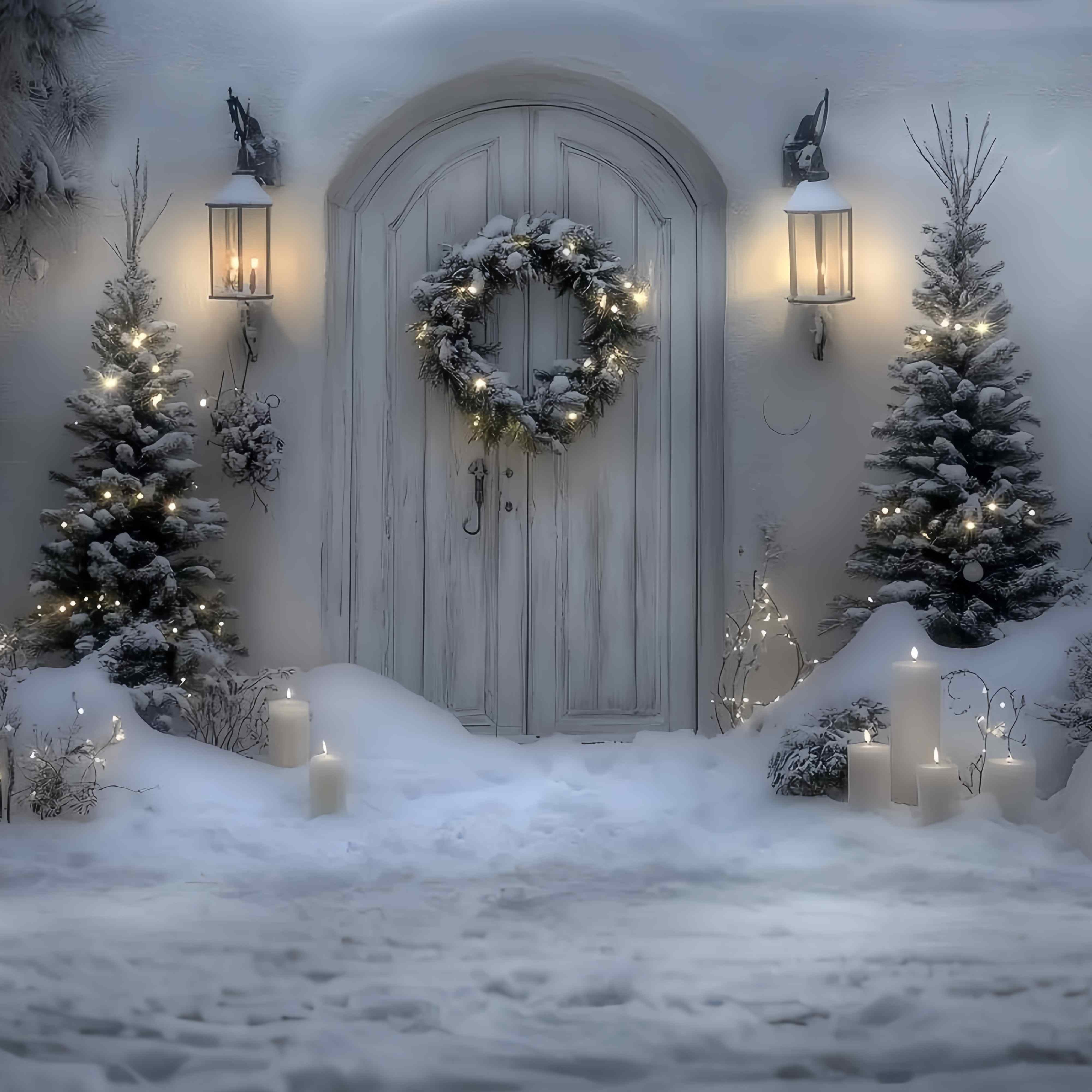White Christmas Backdrop Snowy White Door Lantern Wreath Professional Christmas Backdrops TWW58-102