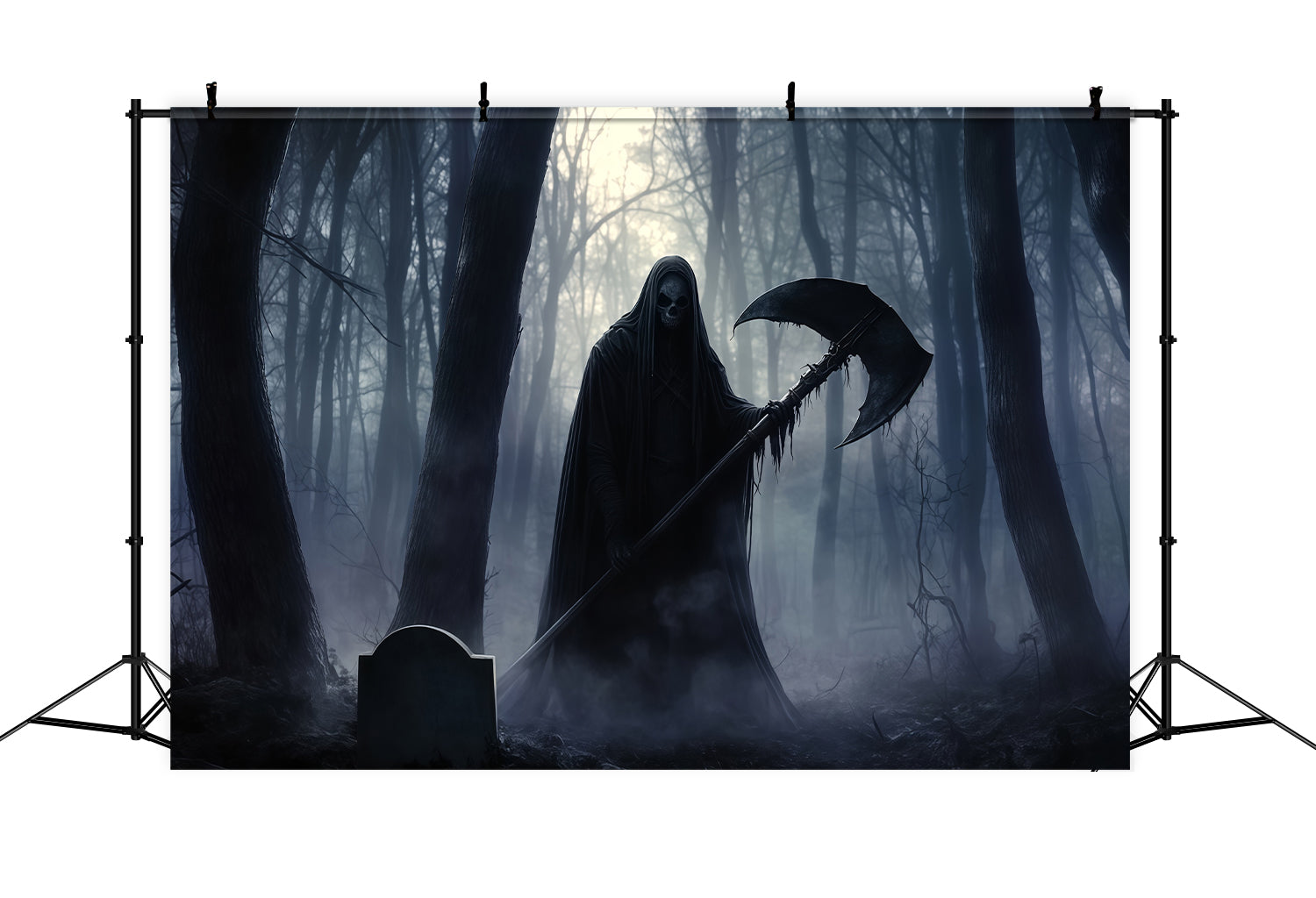 Garage Door Halloween Backdrop Grim Reaper Holding Scythe in Dark Forest Halloween Photo Backdrops TWW58-31