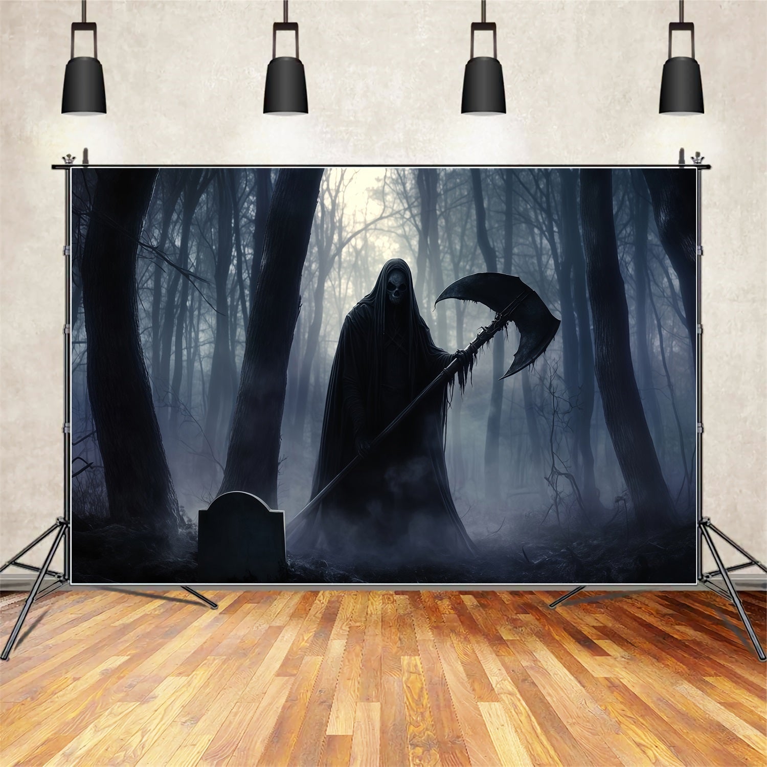 Garage Door Halloween Backdrop Grim Reaper Holding Scythe in Dark Forest Halloween Photo Backdrops TWW58-31