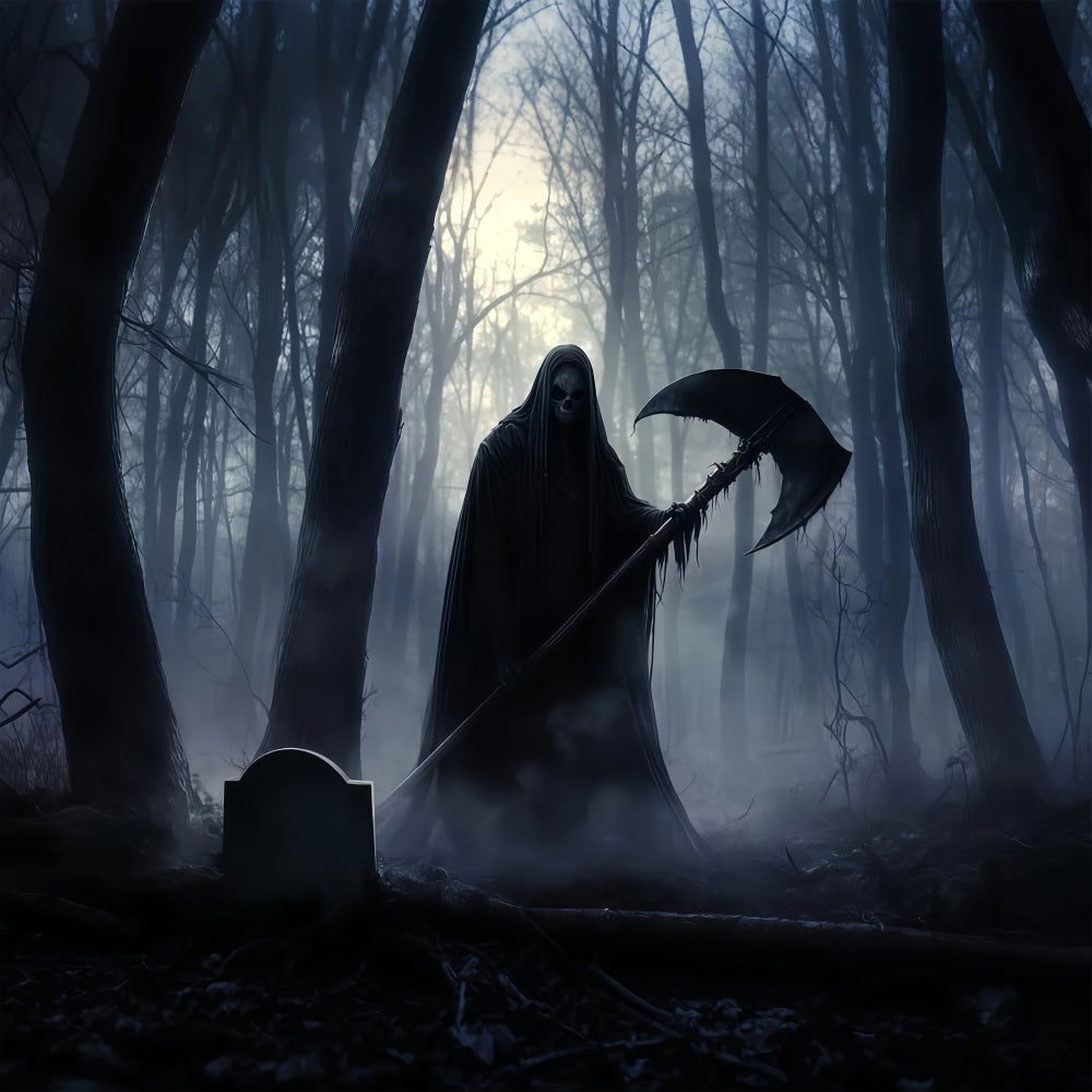 Garage Door Halloween Backdrop Grim Reaper Holding Scythe in Dark Forest Halloween Photo Backdrops TWW58-31
