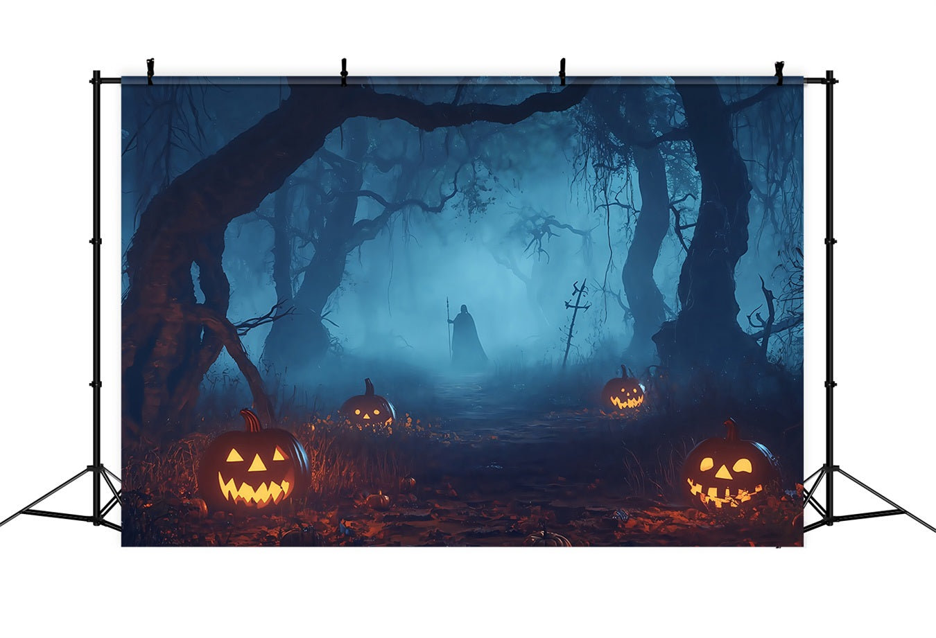 Halloween Graveyard Backdrop Pumpkin-Lit Haunted Forest with Mysterious Figure Halloween Photo Backdrops TWW58-32