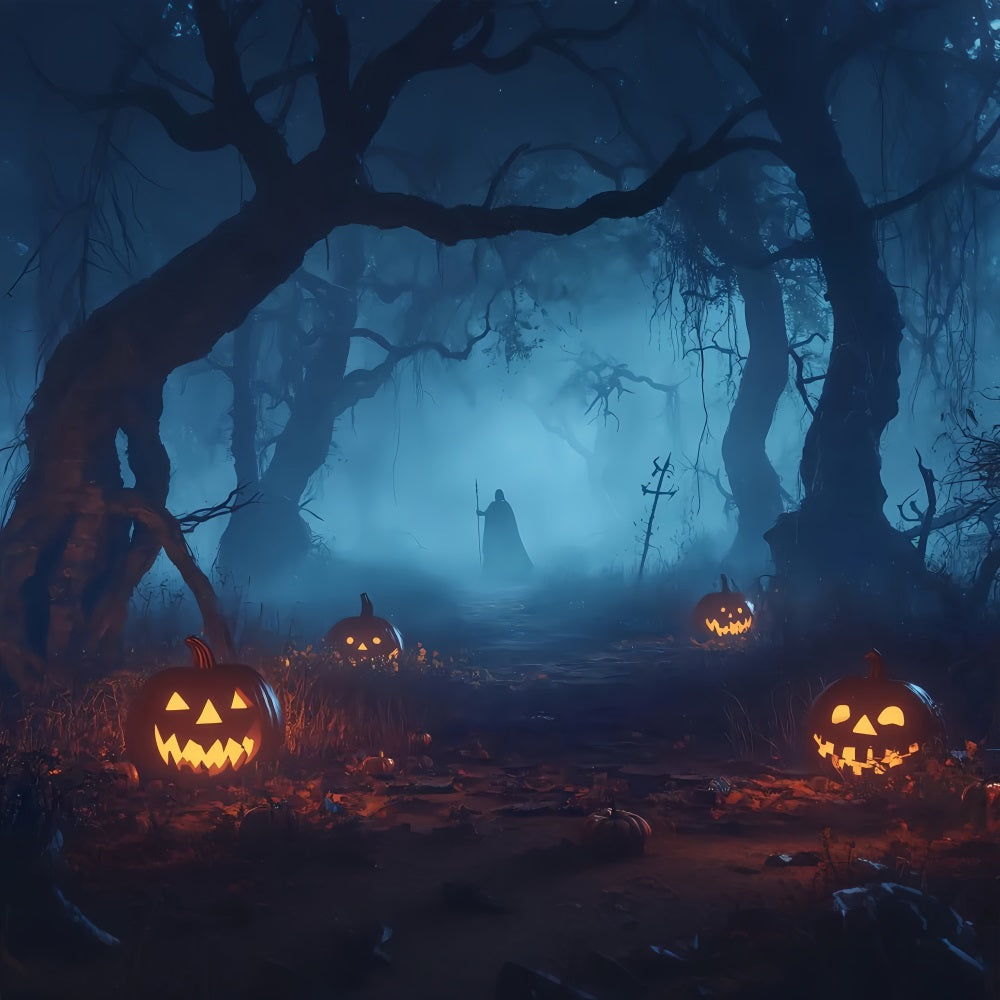 Halloween Graveyard Backdrop Pumpkin-Lit Haunted Forest with Mysterious Figure Halloween Photo Backdrops TWW58-32