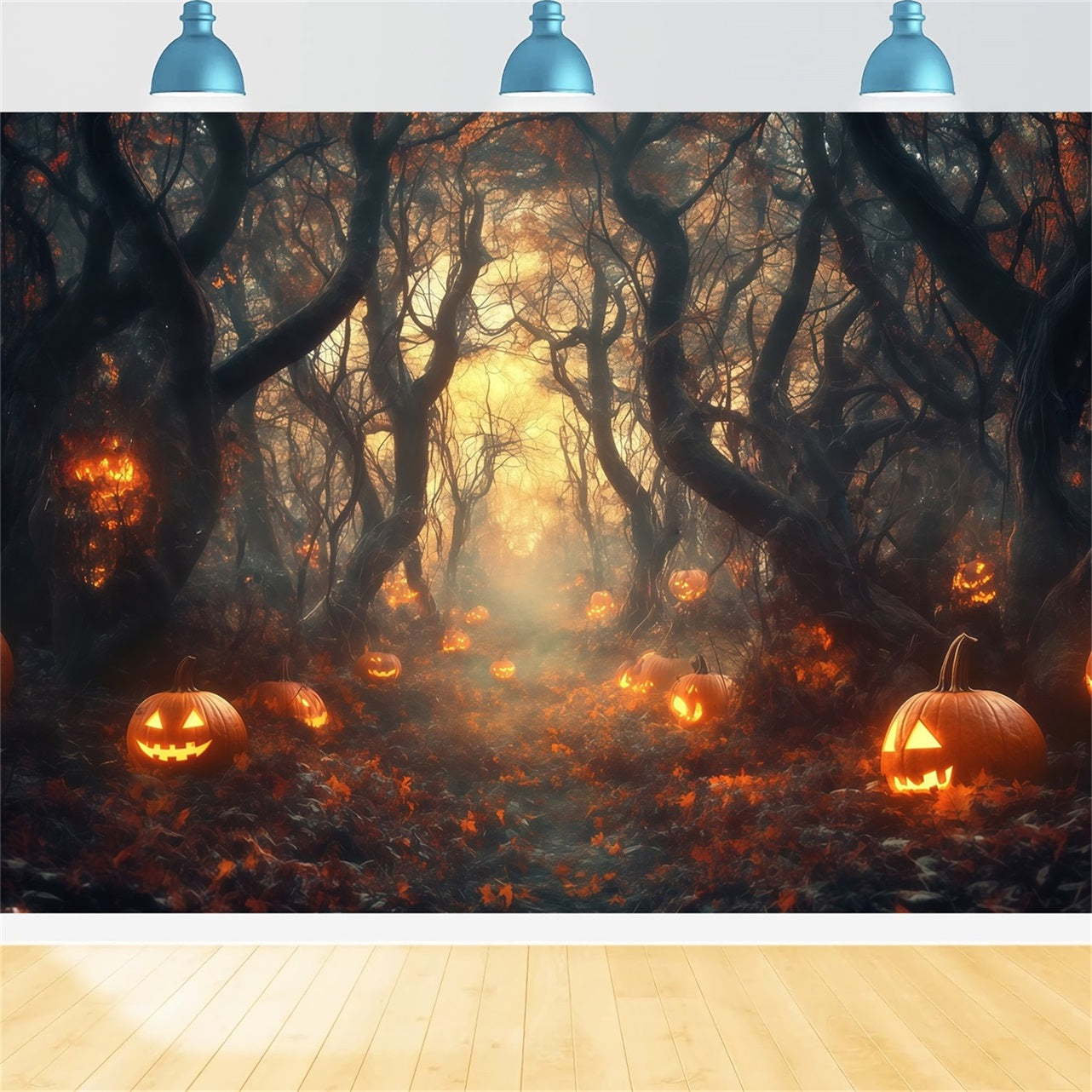 Halloween Graveyard Backdrop Glowing Jack O’Lantern Forest Path Halloween Photo Backdrops TWW58-33