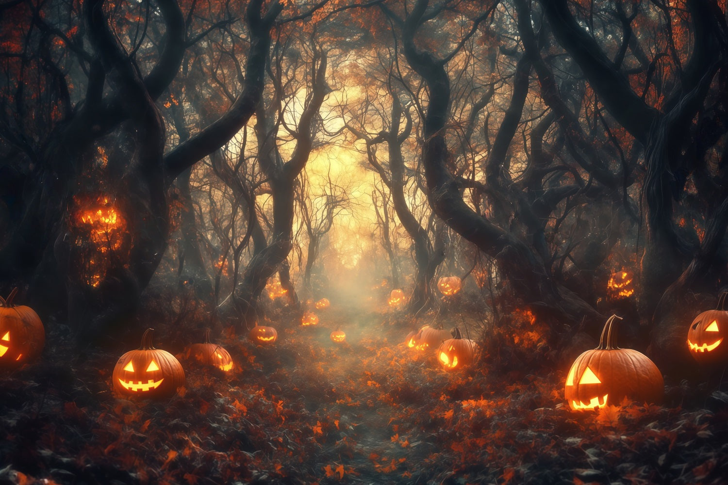 Halloween Graveyard Backdrop Glowing Jack O’Lantern Forest Path Halloween Photo Backdrops TWW58-33