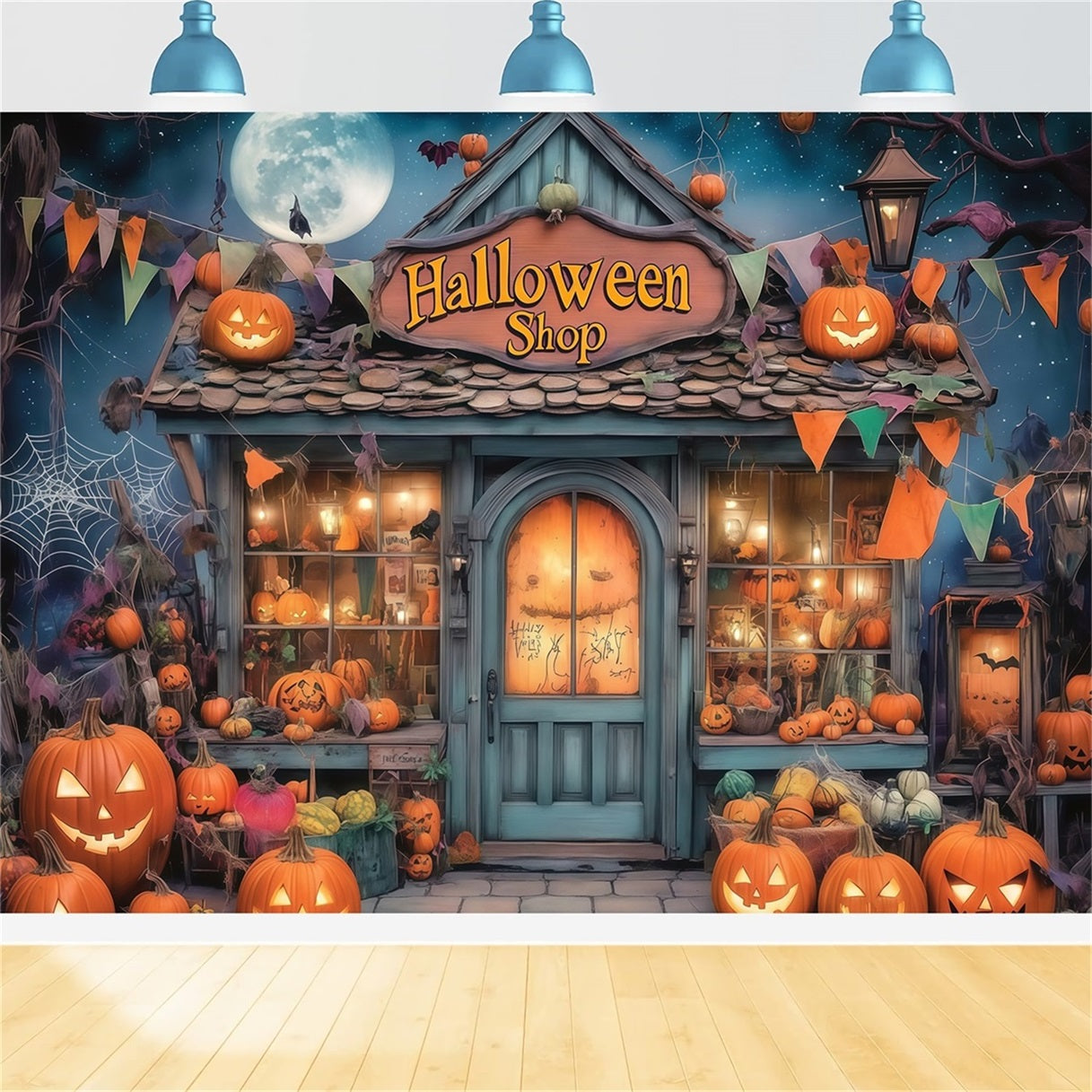 Haunted House Backdrop Pumpkin Filled Spooky Halloween Shopfront Halloween Photo Backdrops TWW58-34