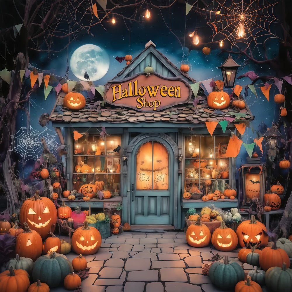 Haunted House Backdrop Pumpkin Filled Spooky Halloween Shopfront Halloween Photo Backdrops TWW58-34