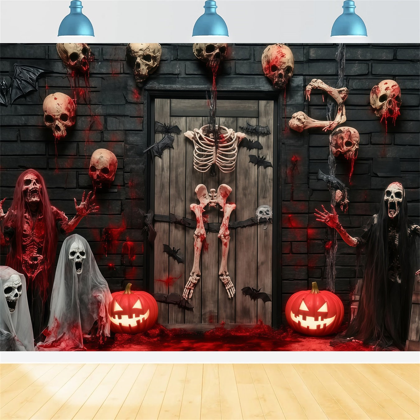 Garage Door Halloween Backdrop Bloody Skeletons and Skulls Haunted Door Scary Halloween Backdrops TWW58-35