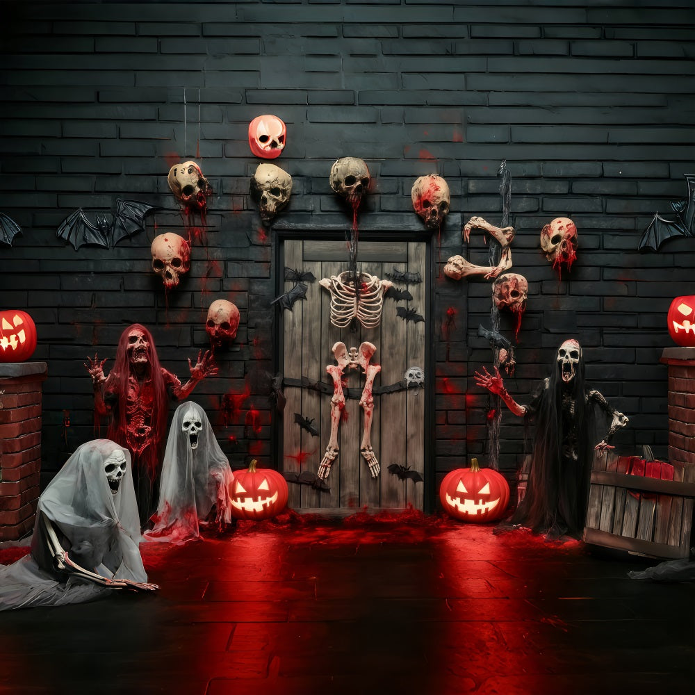 Garage Door Halloween Backdrop Bloody Skeletons and Skulls Haunted Door Scary Halloween Backdrops TWW58-35