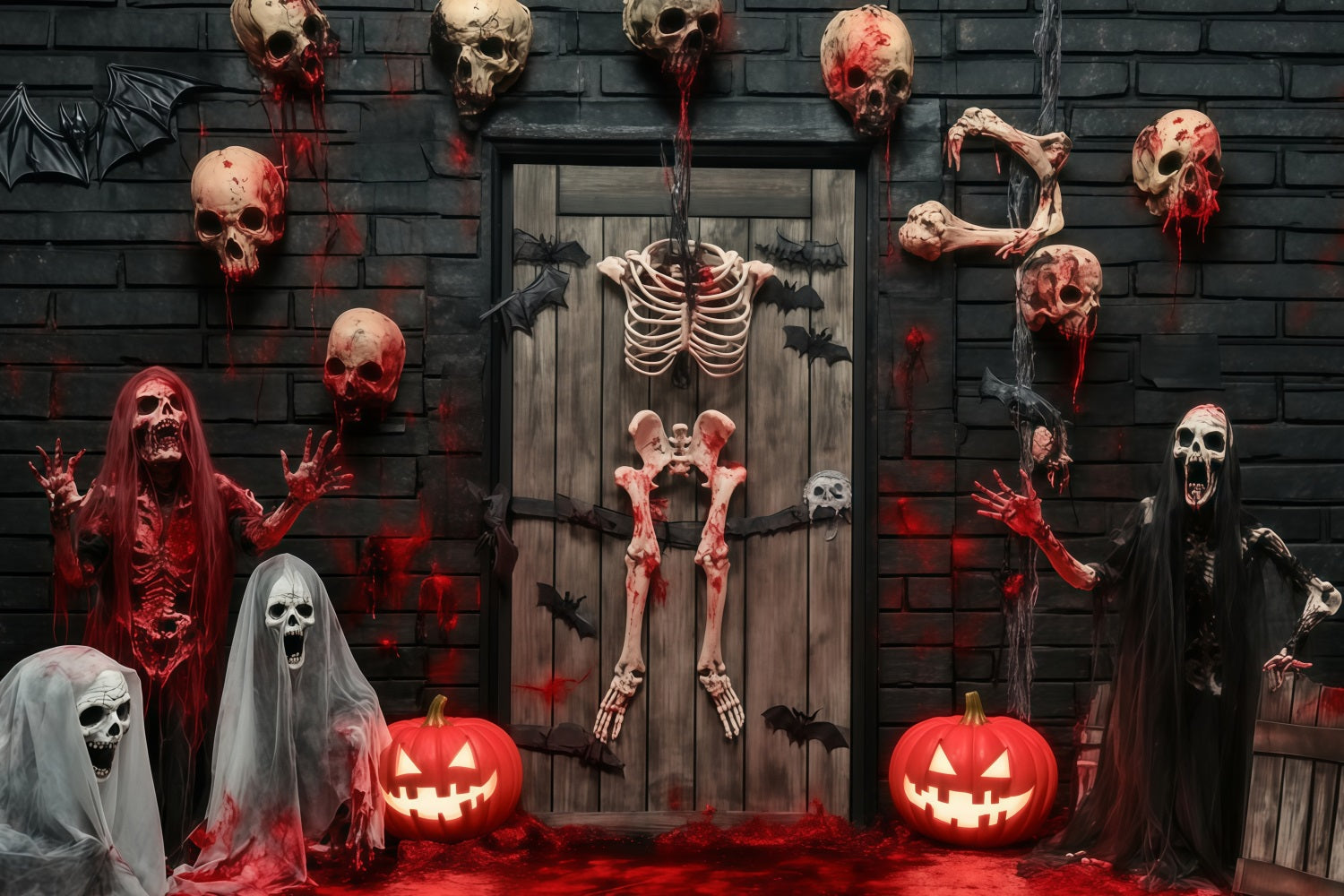 Garage Door Halloween Backdrop Bloody Skeletons and Skulls Haunted Door Scary Halloween Backdrops TWW58-35