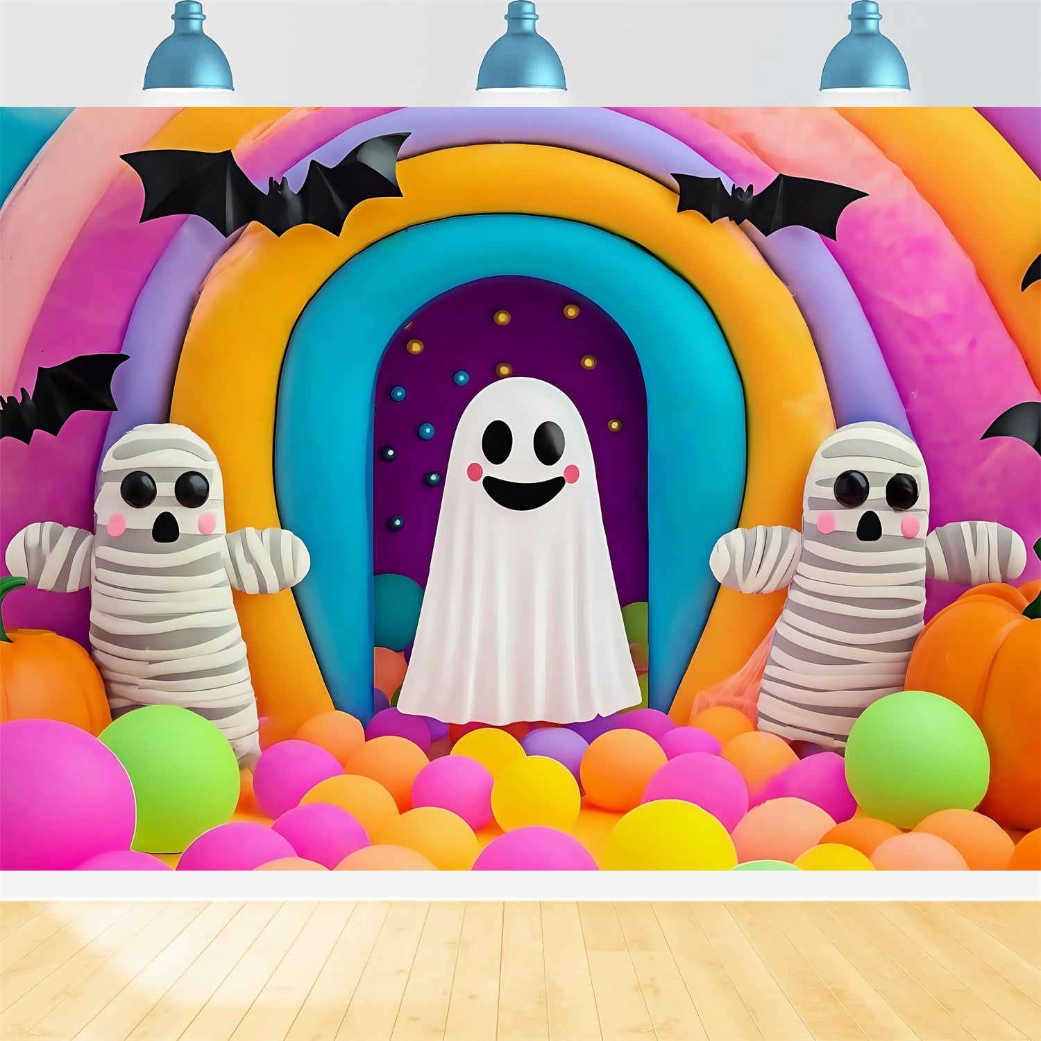 Halloween Wall Backdrop Colorful Rainbow Ghost and Mummy Display Spooky Halloween Backdrop TWW58-36