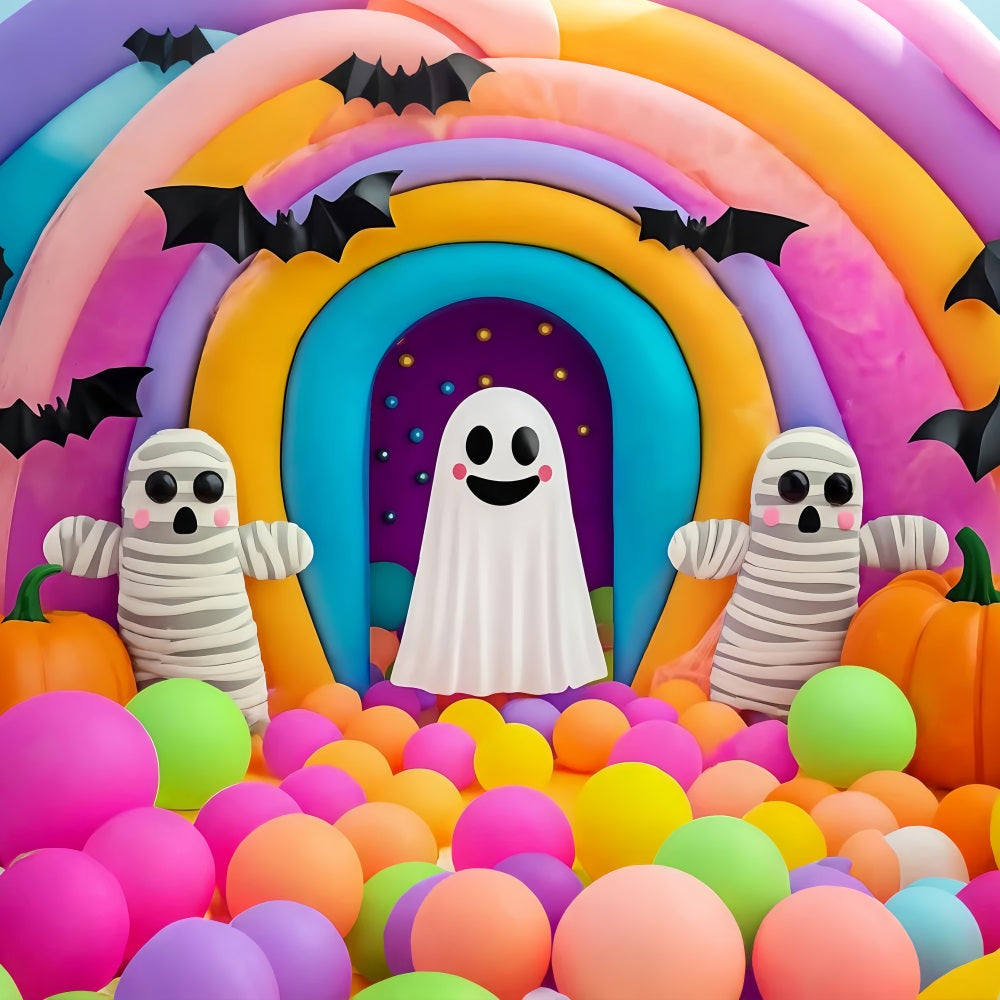 Halloween Wall Backdrop Colorful Rainbow Ghost and Mummy Display Spooky Halloween Backdrop TWW58-36