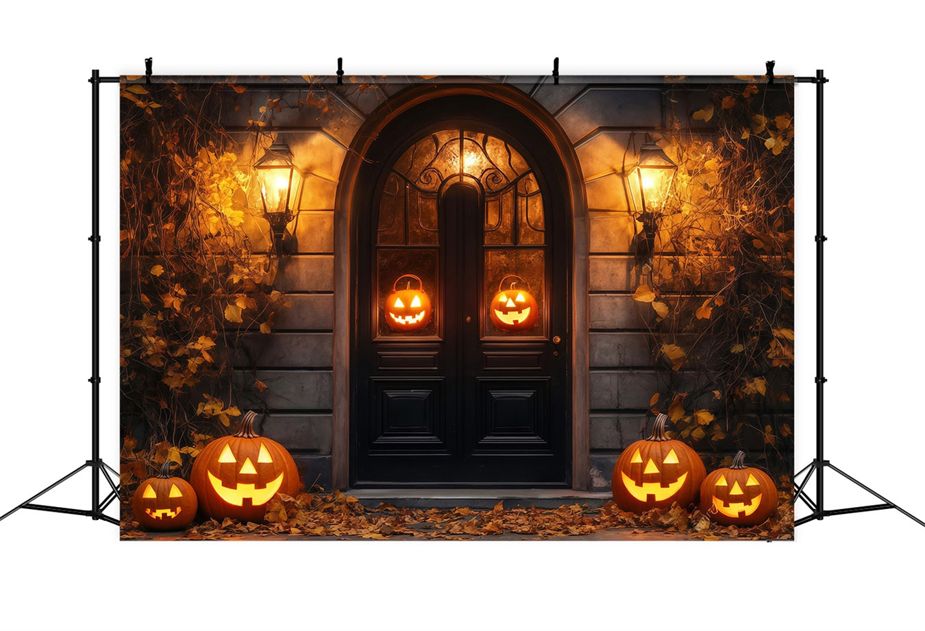 Garage Door Halloween Backdrop Glowing Jack-O’-Lanterns Rustic Doorway Spooky Halloween Backdrop TWW58-37