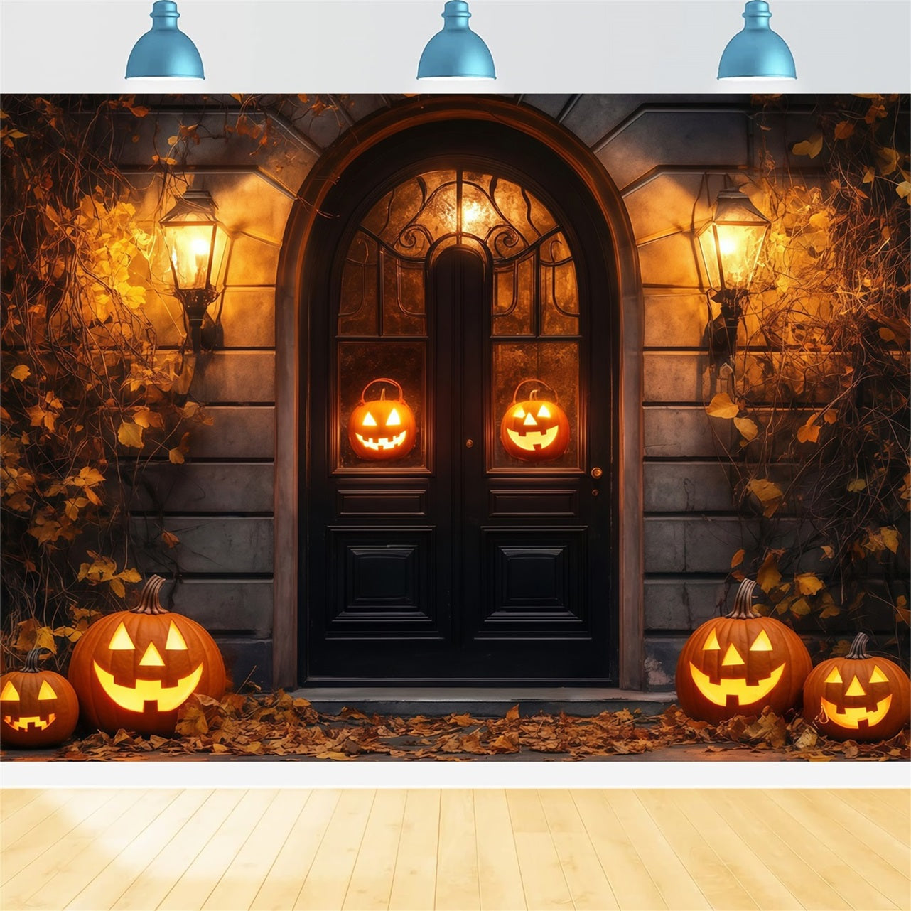 Garage Door Halloween Backdrop Glowing Jack-O’-Lanterns Rustic Doorway Spooky Halloween Backdrop TWW58-37