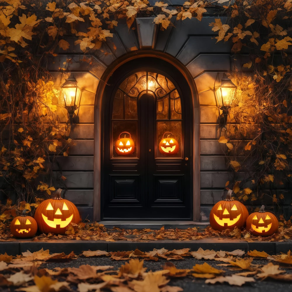 Garage Door Halloween Backdrop Glowing Jack-O’-Lanterns Rustic Doorway Spooky Halloween Backdrop TWW58-37