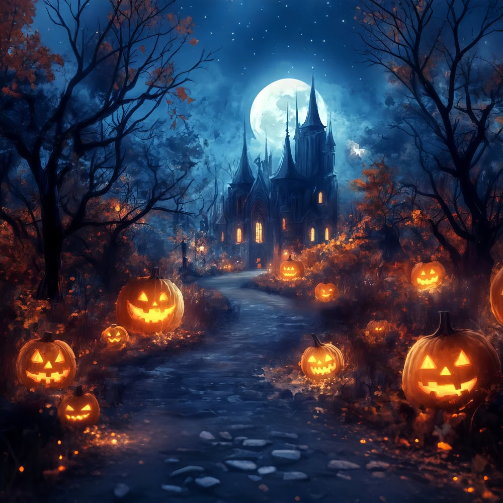 Halloween Moonlit Pathway to Haunted Pumpkin Castle Spooky Halloween Backdrop TWW58-39