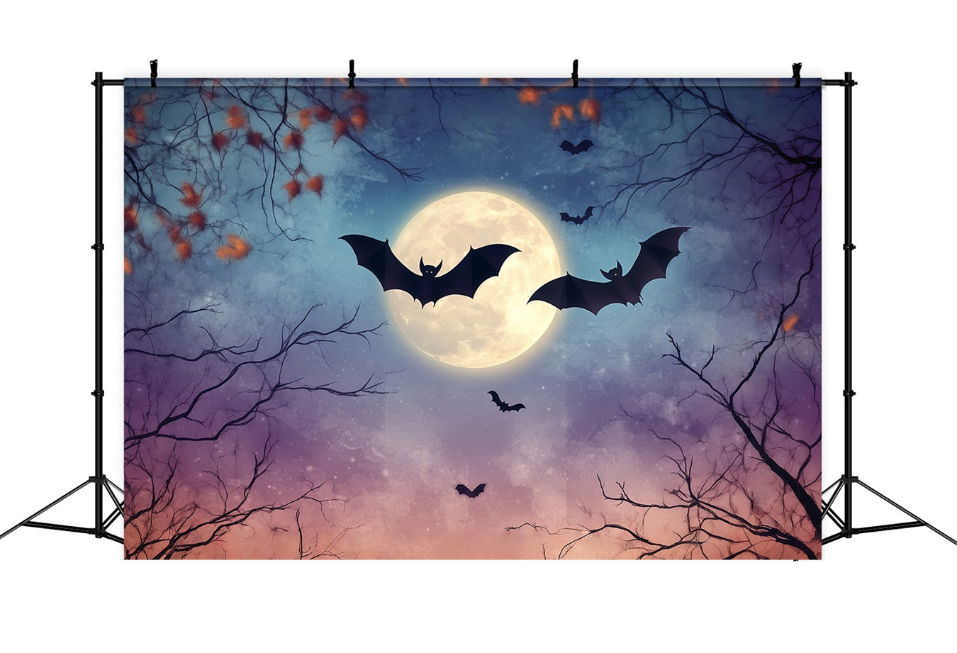 Halloween Full Moon Bats and Autumn Branches Halloween Photography Backdrop TWW58-41