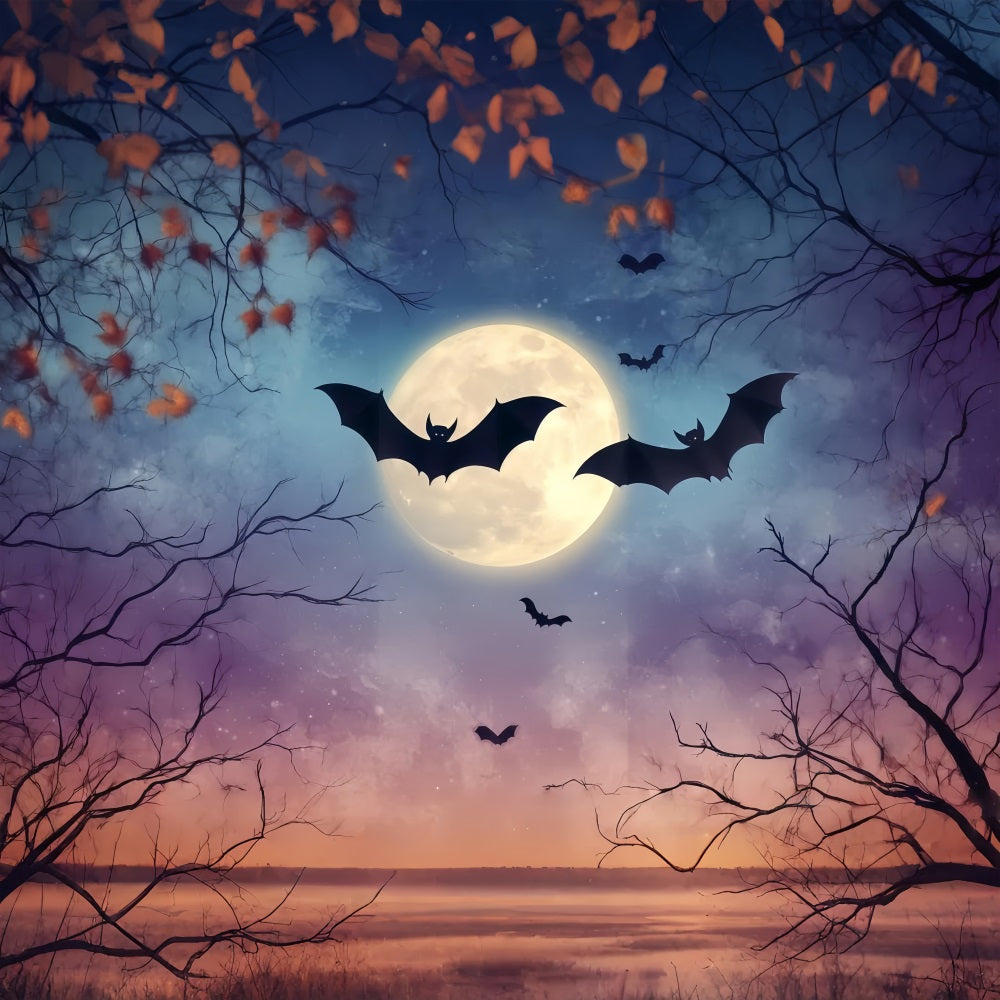 Halloween Full Moon Bats and Autumn Branches Halloween Photography Backdrop TWW58-41