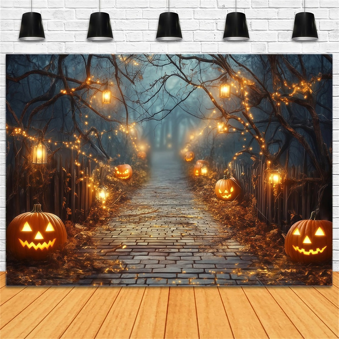 Halloween Glowing Jack-O’-Lantern Pathway with Lanterns Halloween Photography Backdrop TWW58-42