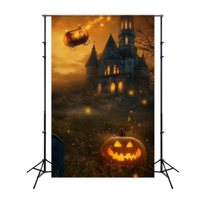 Halloween Graveyard Backdrop Pumpkin Carriage Flying over Spooky Castle Halloween Photography Backdrop TWW58-44