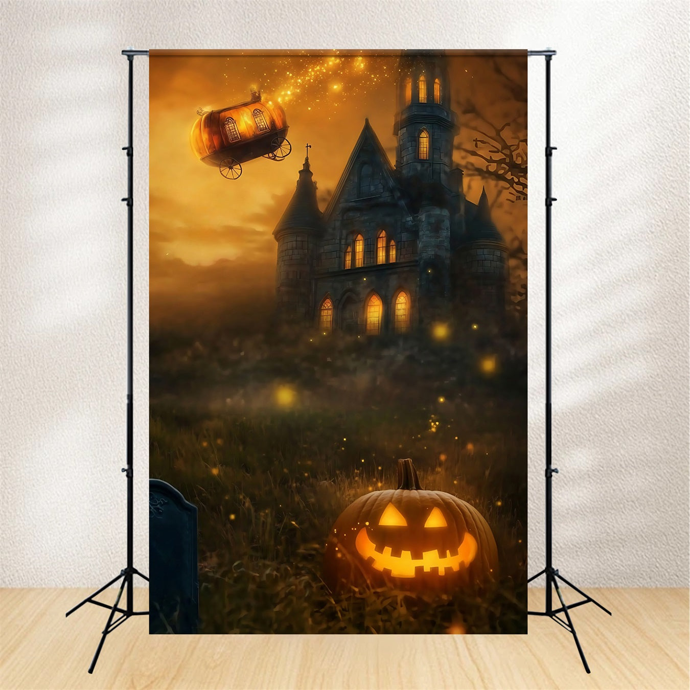 Halloween Graveyard Backdrop Pumpkin Carriage Flying over Spooky Castle Halloween Photography Backdrop TWW58-44