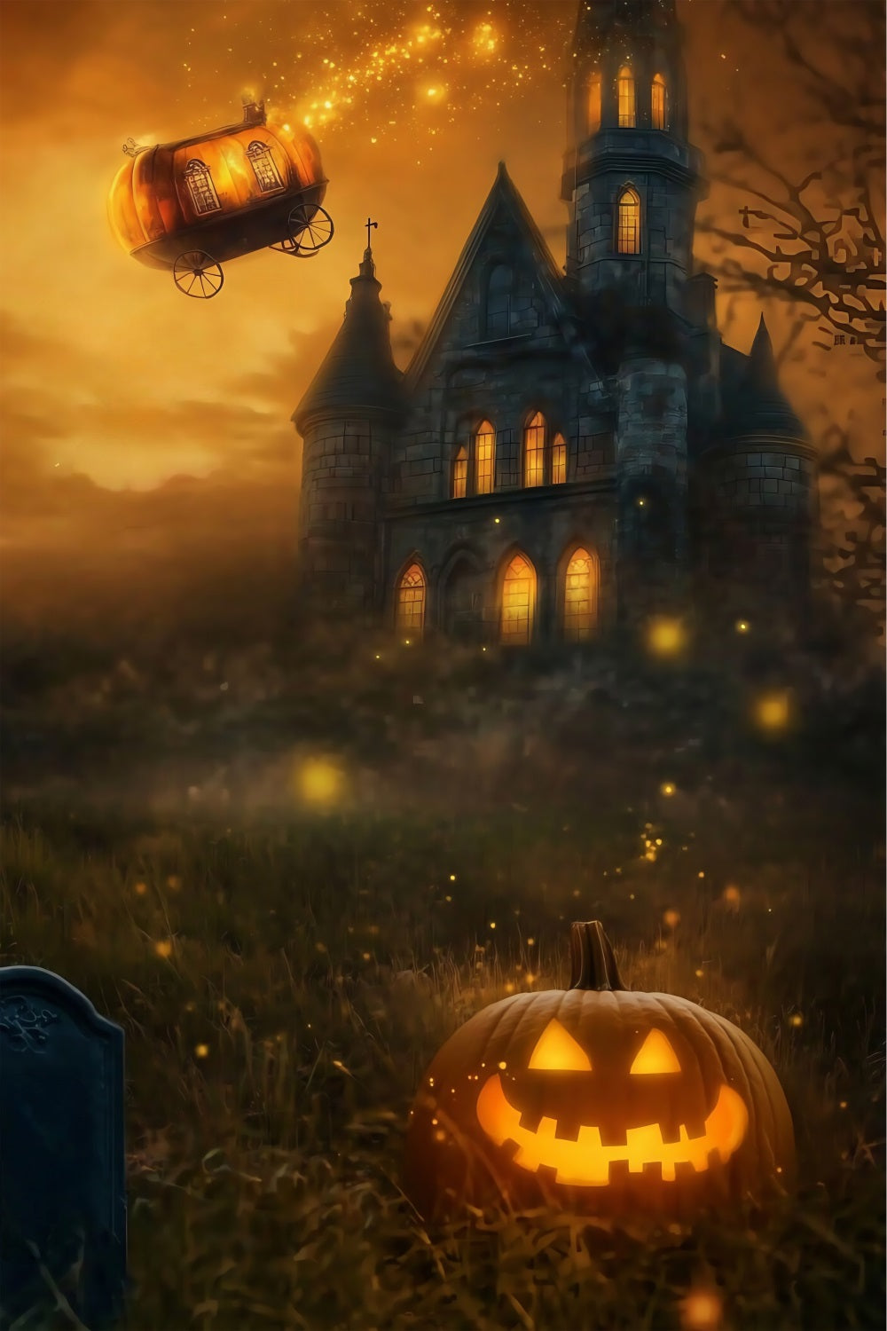 Halloween Graveyard Backdrop Pumpkin Carriage Flying over Spooky Castle Halloween Photography Backdrop TWW58-44