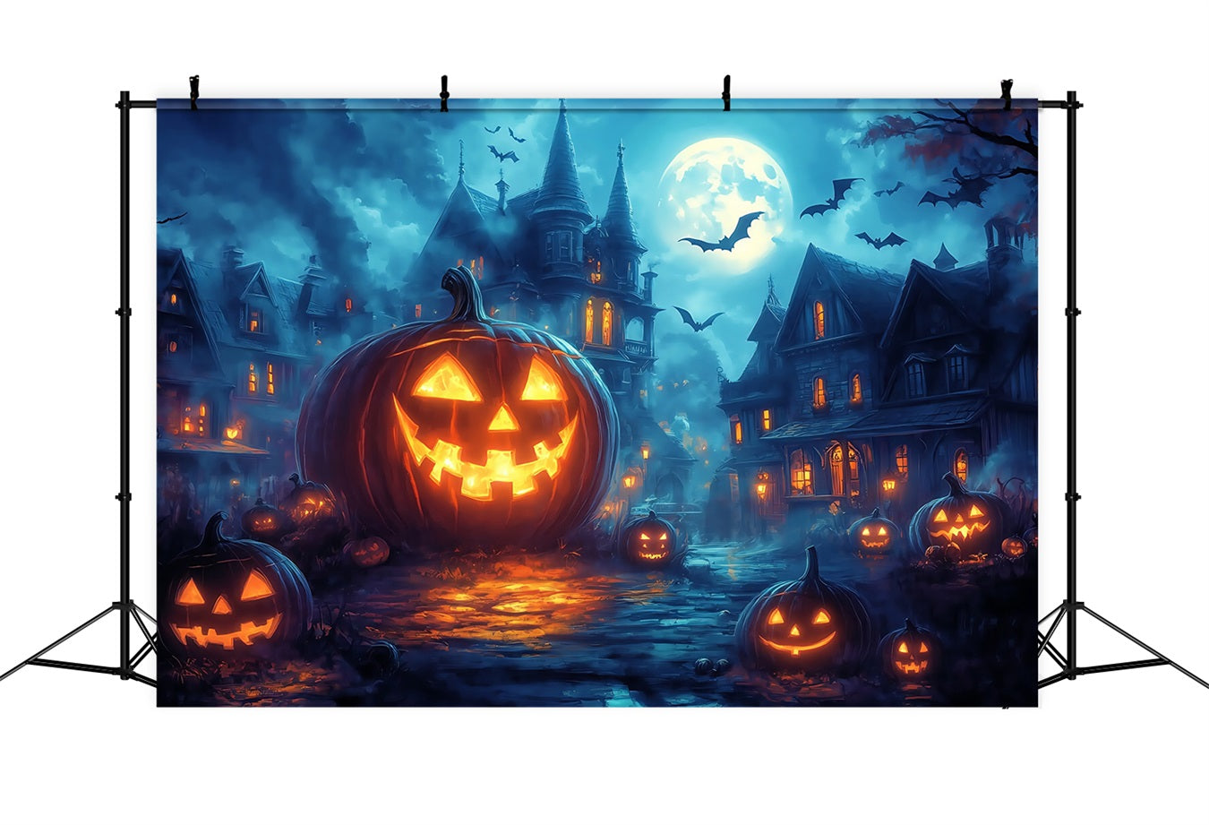 Halloween Graveyard Backdrop Glowing Jack-O’-Lantern Street under Full Moon Halloween Photography Backdrop TWW58-45
