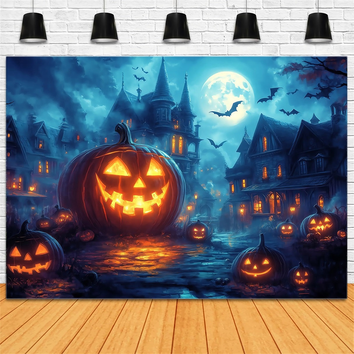 Halloween Graveyard Backdrop Glowing Jack-O’-Lantern Street under Full Moon Halloween Photography Backdrop TWW58-45