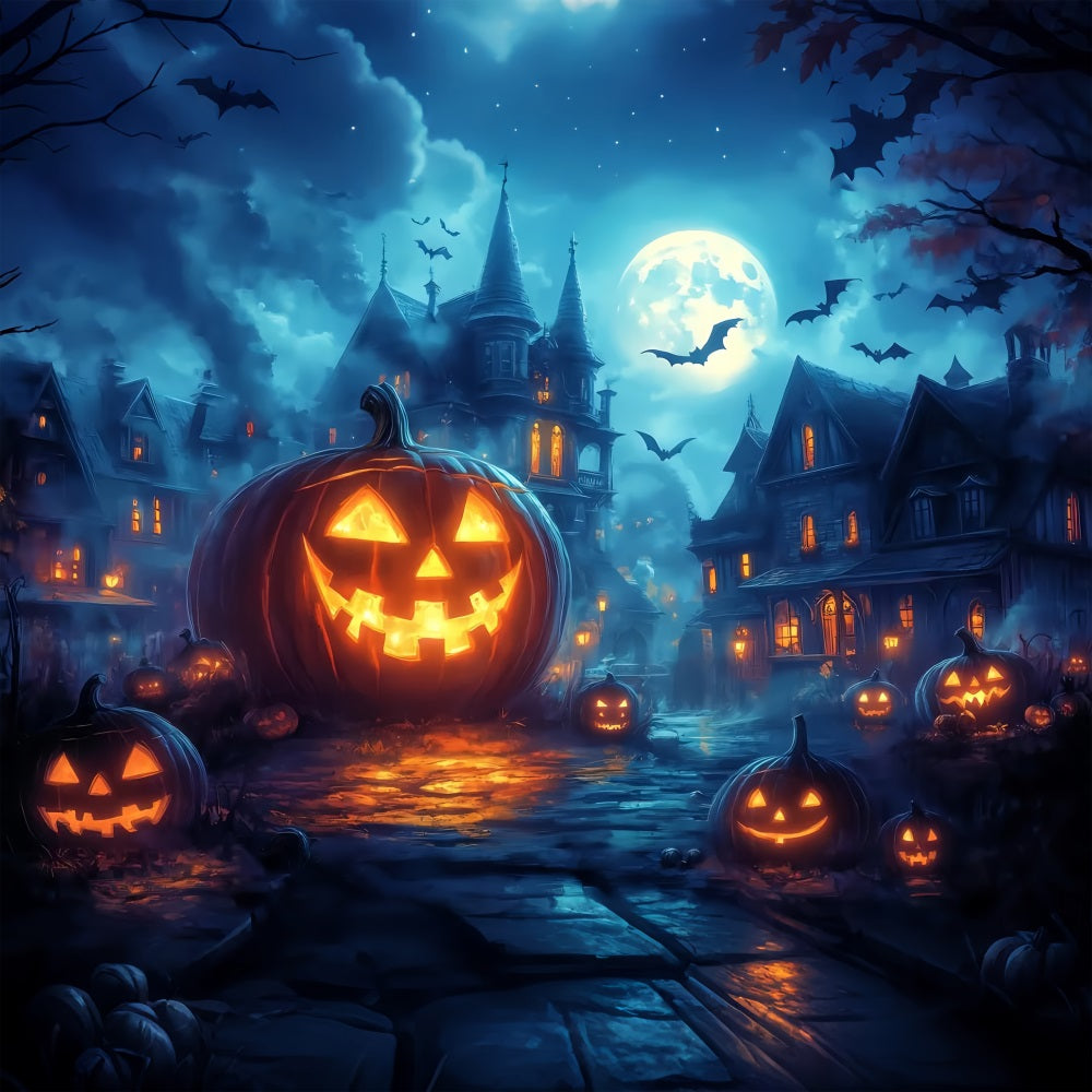 Halloween Graveyard Backdrop Glowing Jack-O’-Lantern Street under Full Moon Halloween Photography Backdrop TWW58-45