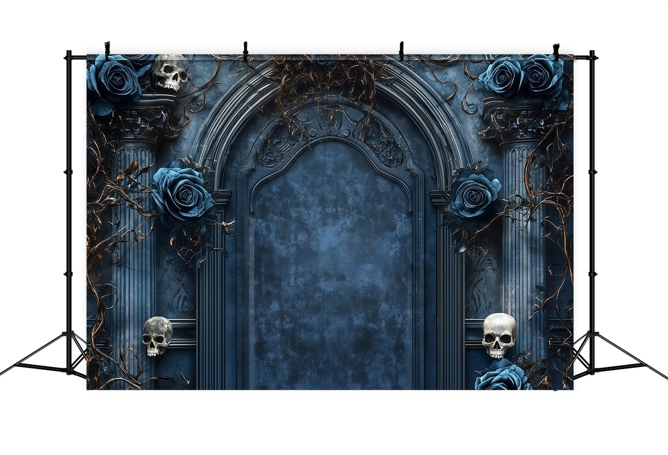 Garage Door Halloween Backdrop Gothic Arch with Blue Roses and Skulls Spooky Halloween Backdrop TWW58-46