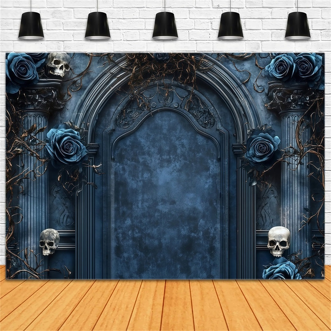 Garage Door Halloween Backdrop Gothic Arch with Blue Roses and Skulls Spooky Halloween Backdrop TWW58-46