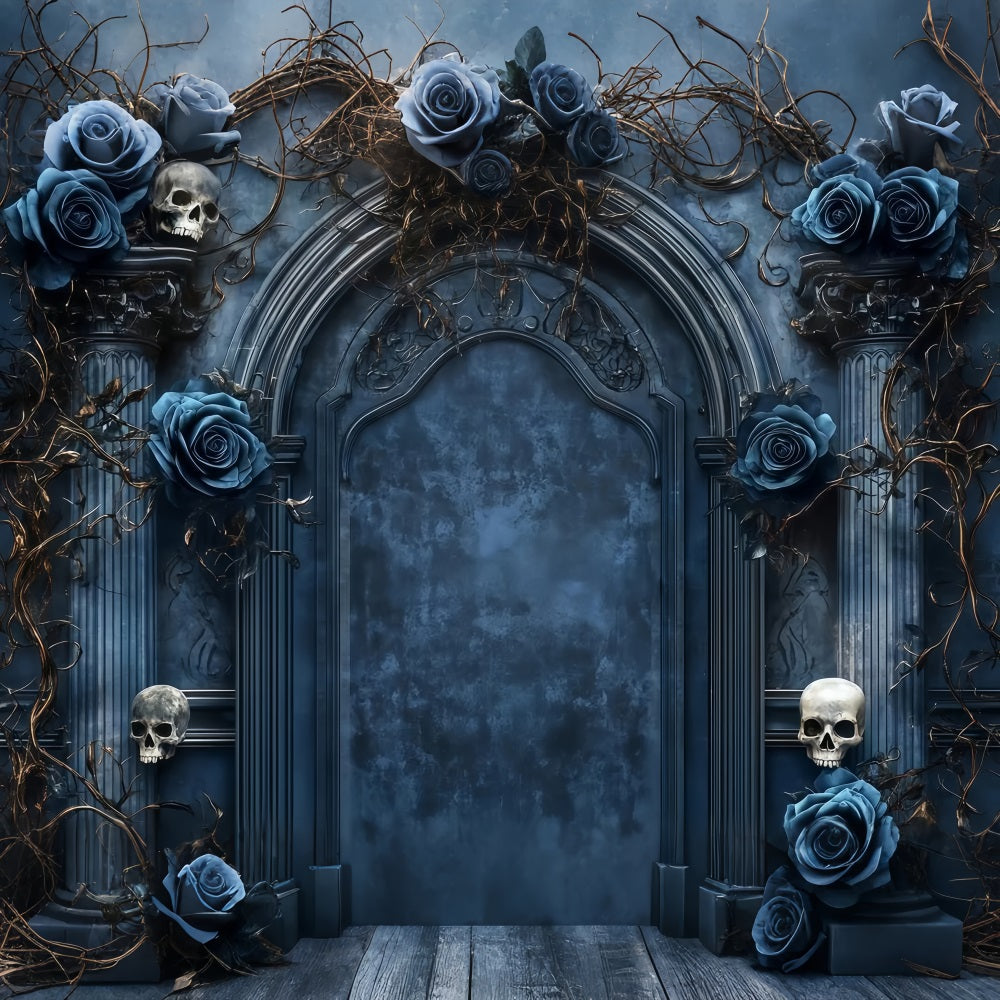 Garage Door Halloween Backdrop Gothic Arch with Blue Roses and Skulls Spooky Halloween Backdrop TWW58-46