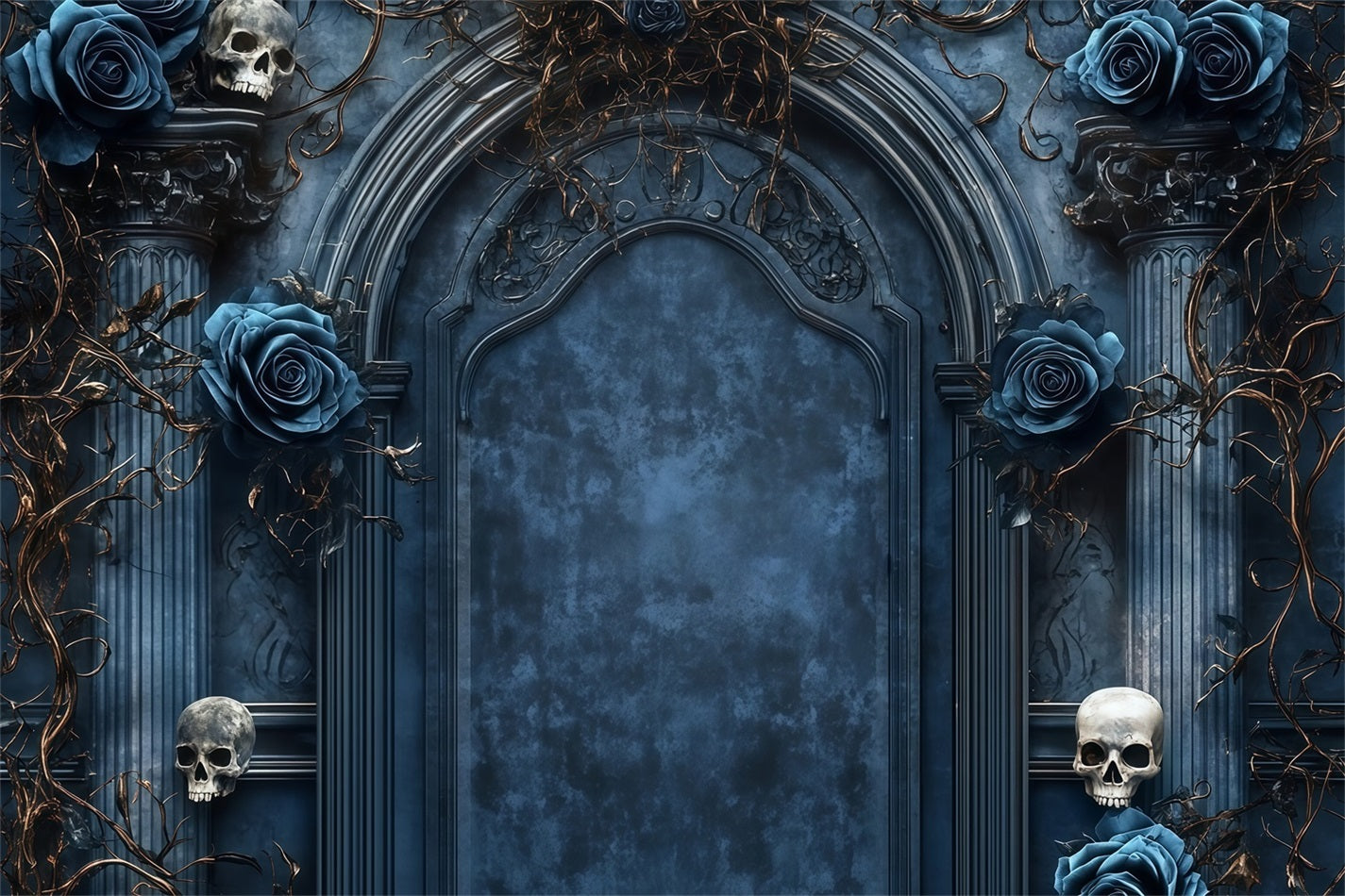 Garage Door Halloween Backdrop Gothic Arch with Blue Roses and Skulls Spooky Halloween Backdrop TWW58-46